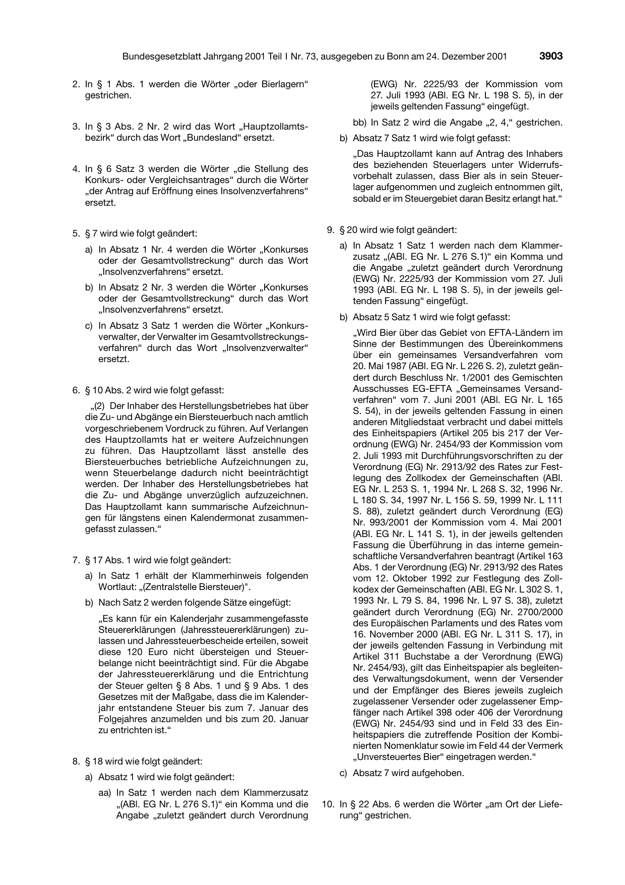BGBl. 2001, Seite 3903 — Originalseite als Abbildung
