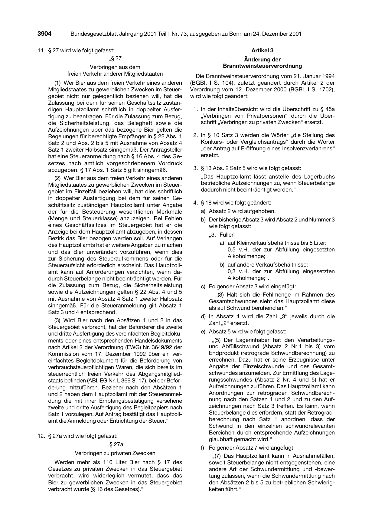 BGBl. 2001, Seite 3904 — Originalseite als Abbildung