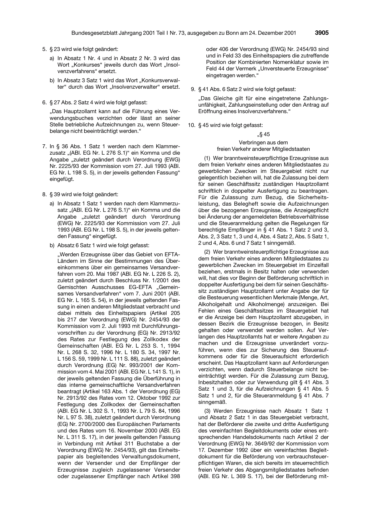 BGBl. 2001, Seite 3905 — Originalseite als Abbildung