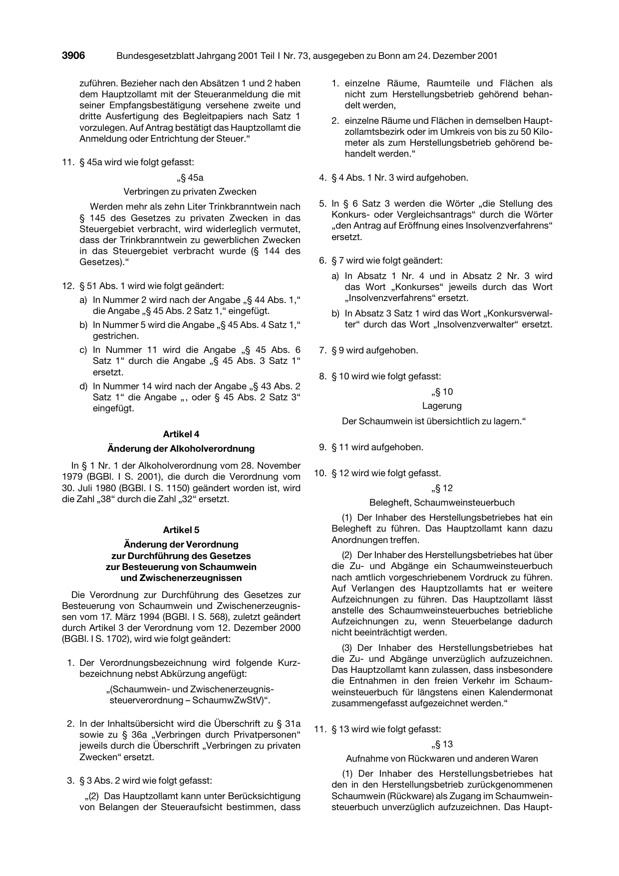 BGBl. 2001, Seite 3906 — Originalseite als Abbildung