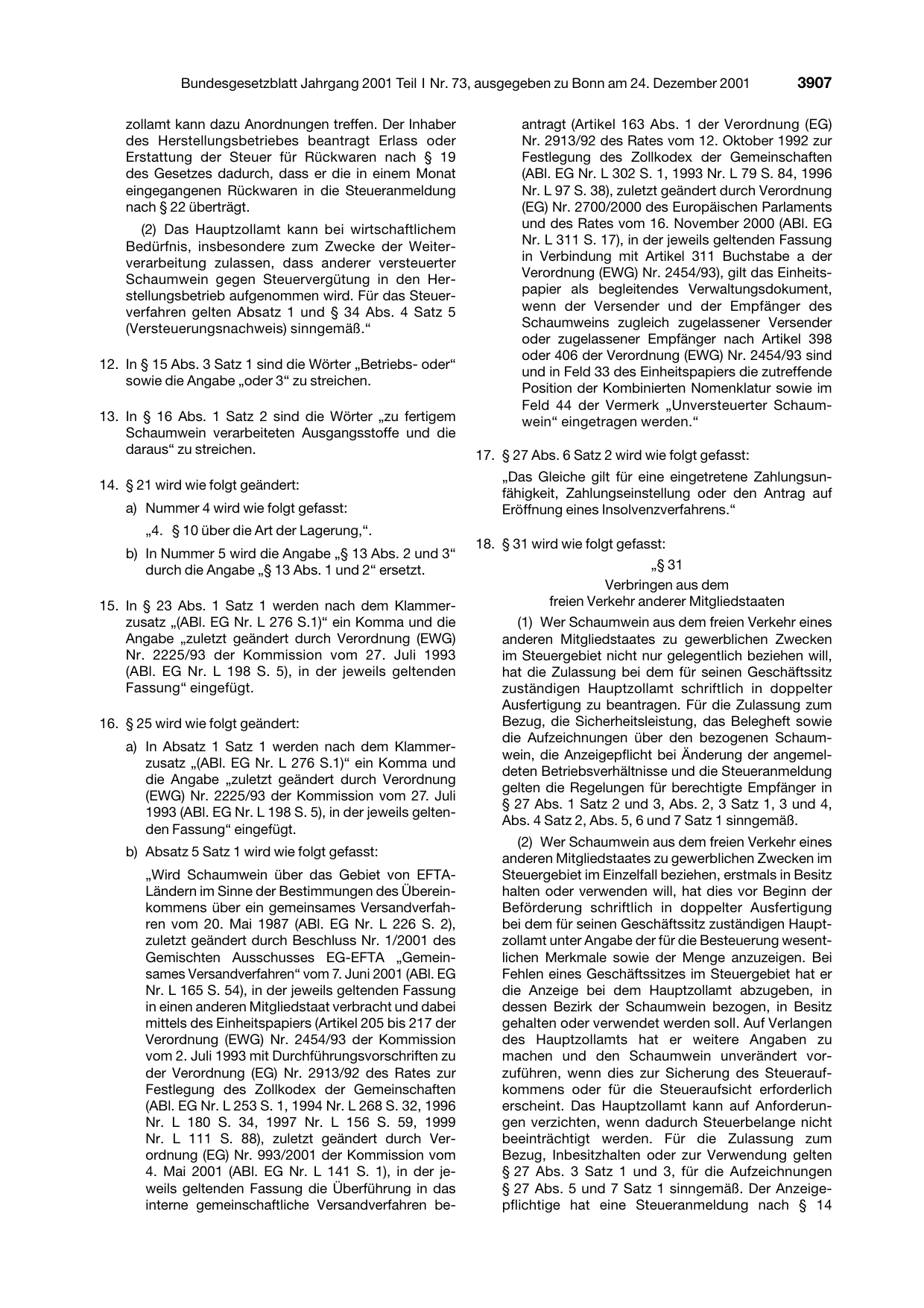 BGBl. 2001, Seite 3907 — Originalseite als Abbildung