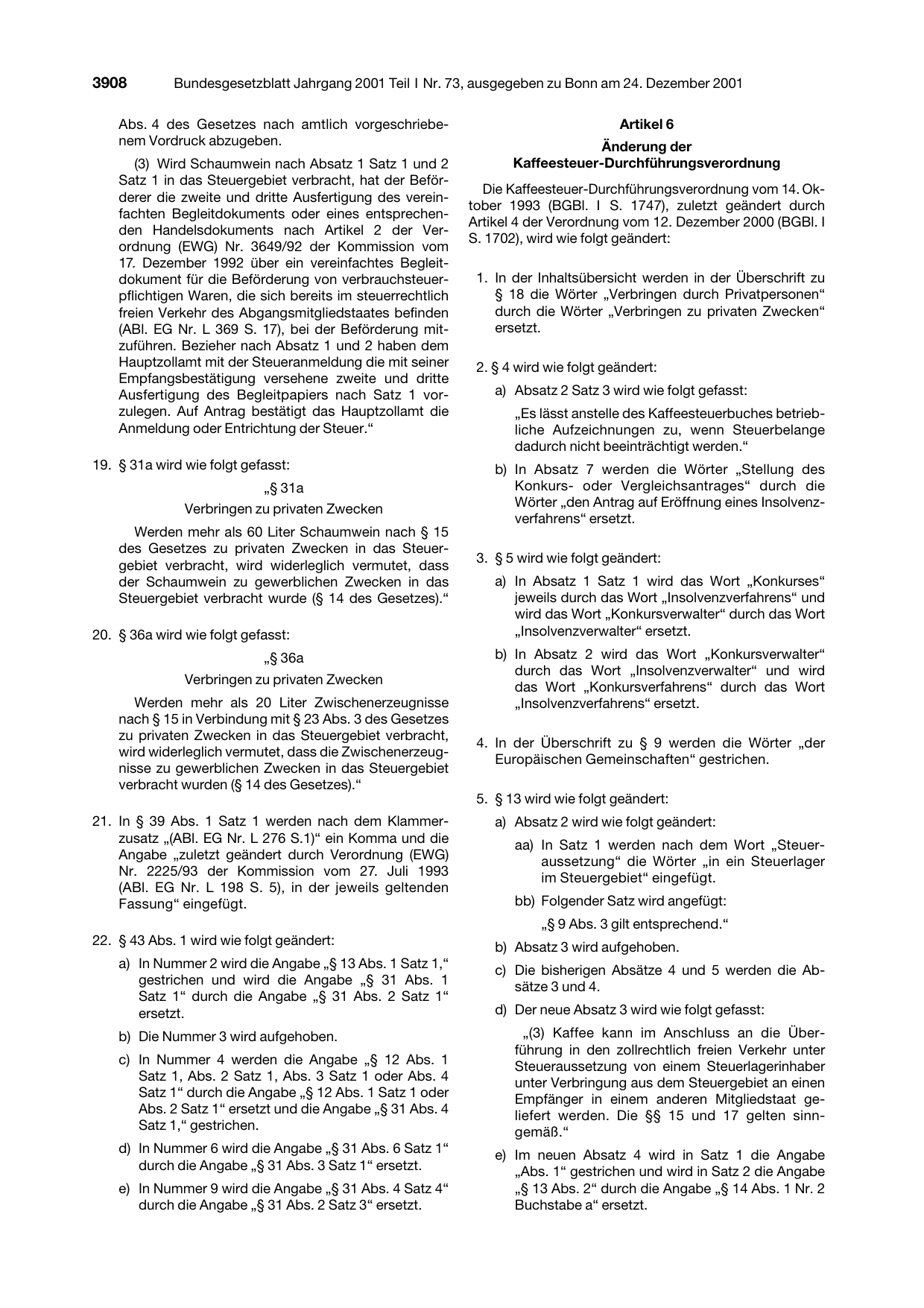 BGBl. 2001, Seite 3908 — Originalseite als Abbildung