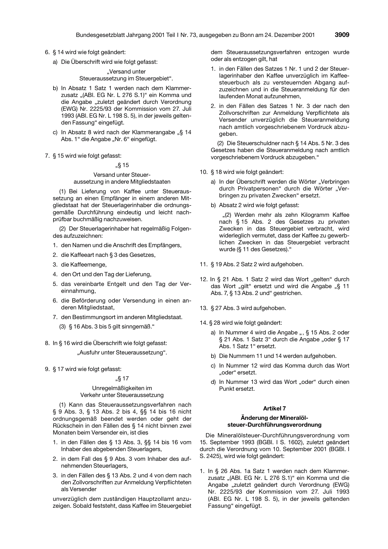 BGBl. 2001, Seite 3909 — Originalseite als Abbildung