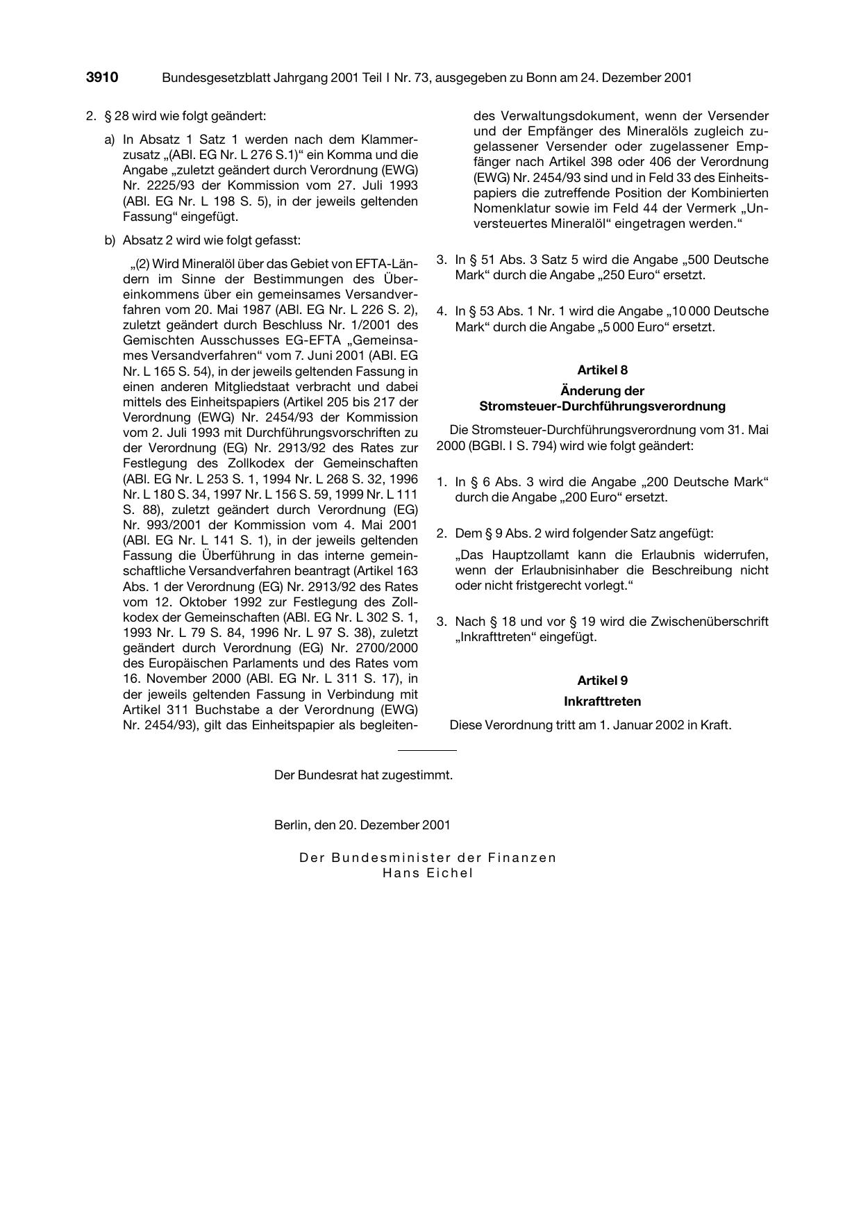 BGBl. 2001, Seite 3910 — Originalseite als Abbildung