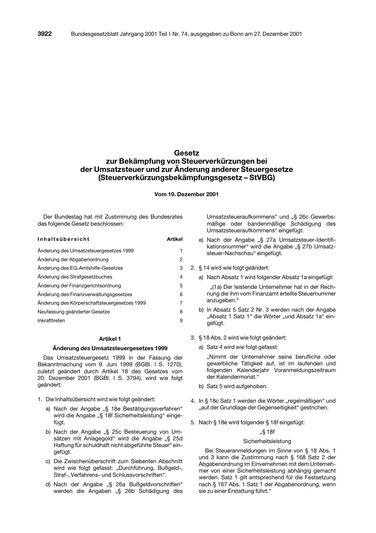 BGBl. 2001, Seite 3922 — Originalseite als Abbildung