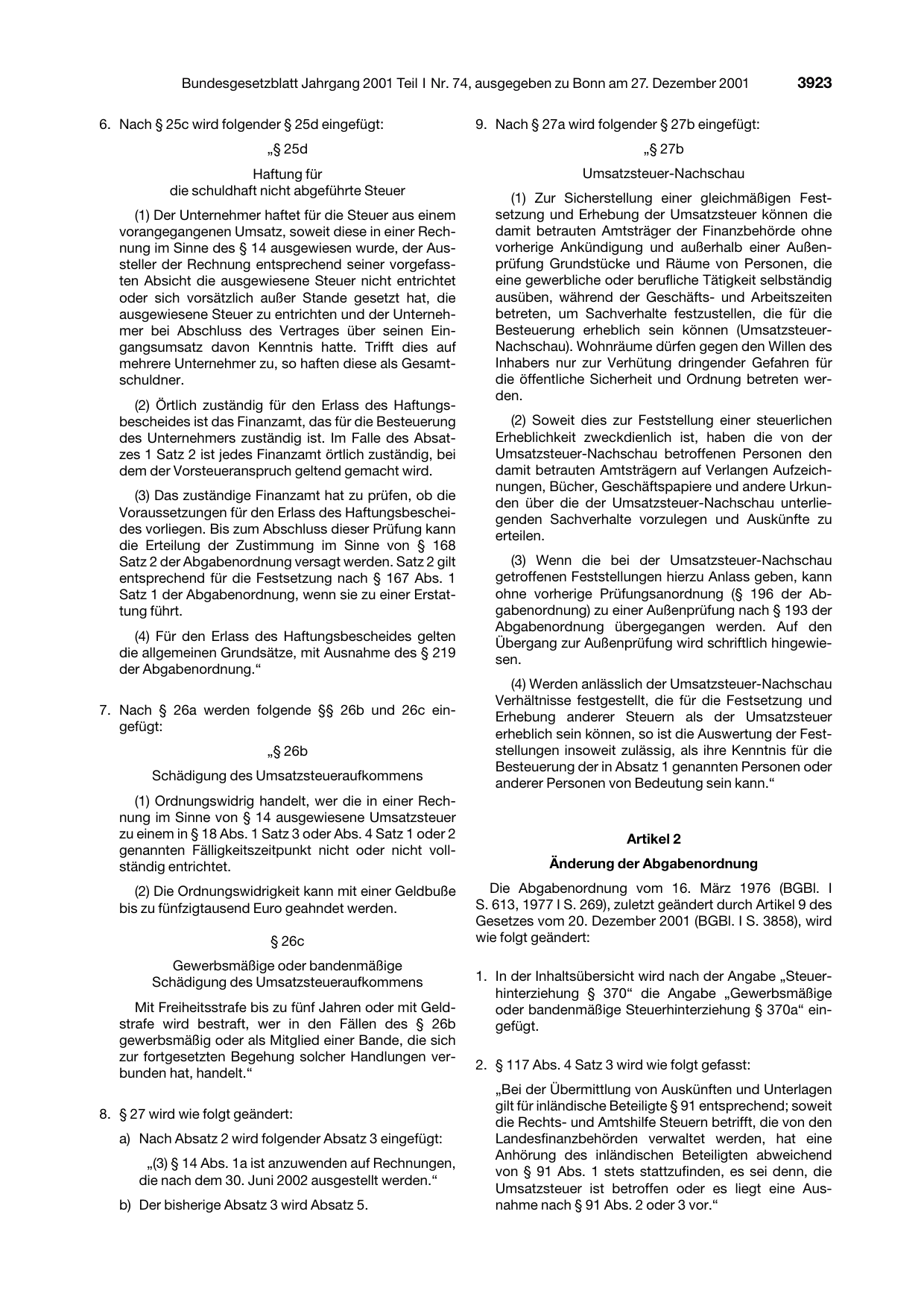 BGBl. 2001, Seite 3923 — Originalseite als Abbildung