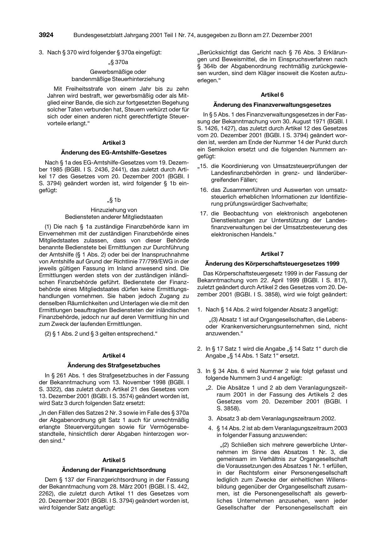 BGBl. 2001, Seite 3924 — Originalseite als Abbildung