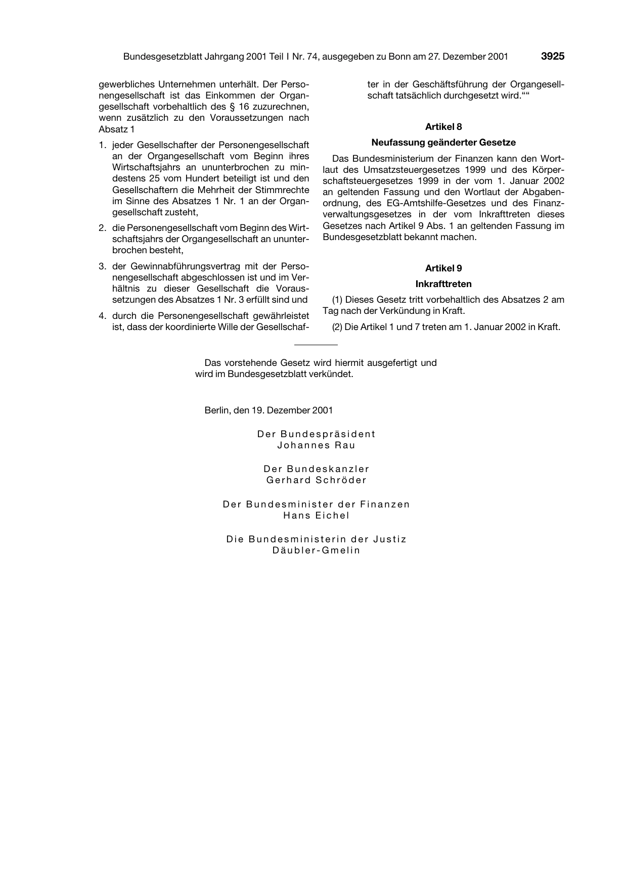 BGBl. 2001, Seite 3925 — Originalseite als Abbildung