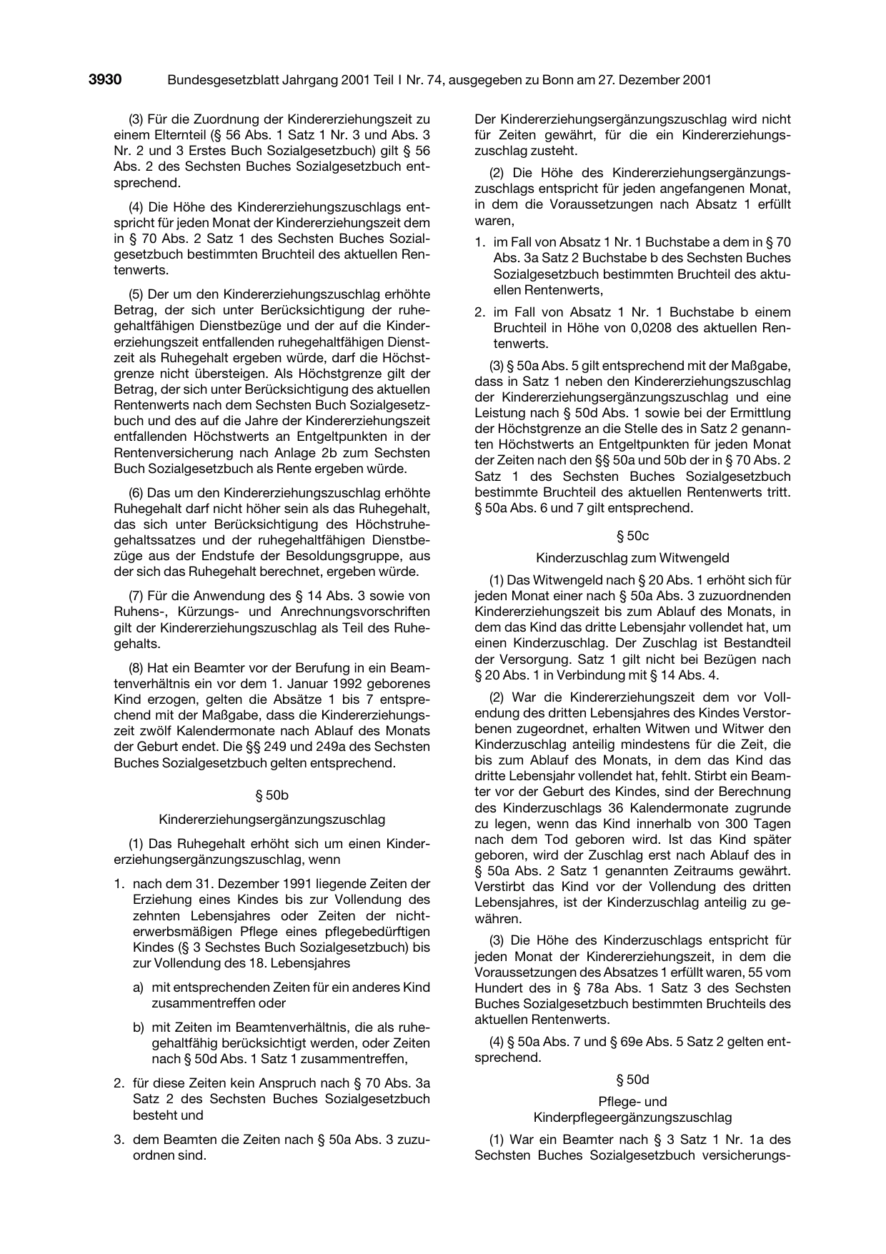 BGBl. 2001, Seite 3930 — Originalseite als Abbildung