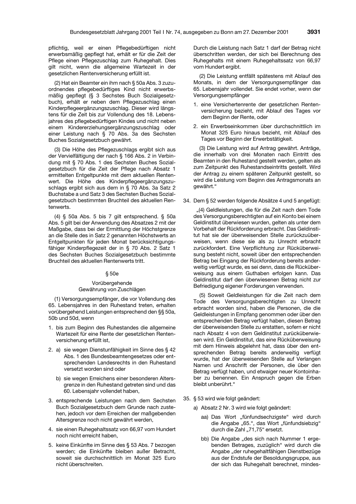 BGBl. 2001, Seite 3931 — Originalseite als Abbildung
