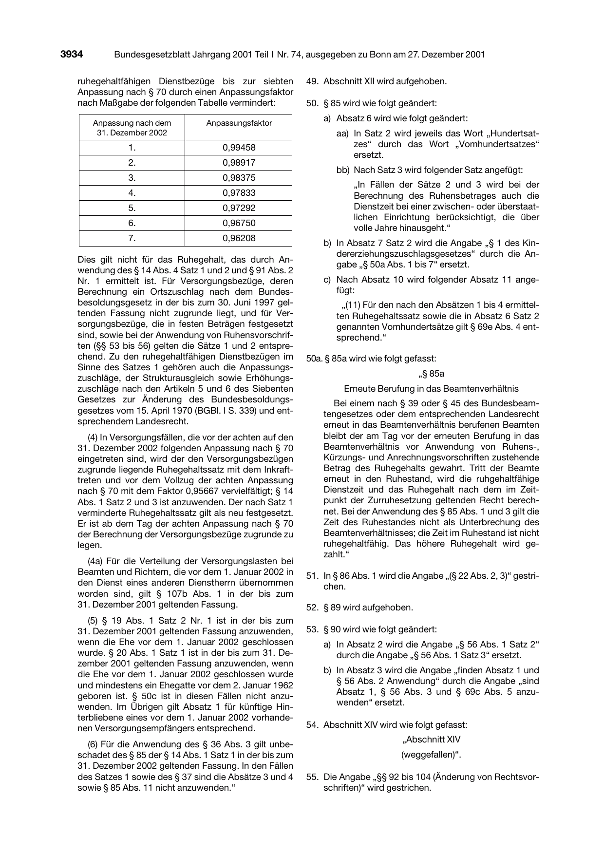 BGBl. 2001, Seite 3934 — Originalseite als Abbildung