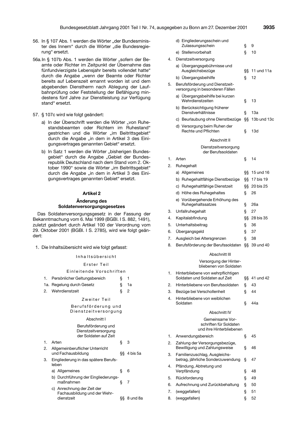 BGBl. 2001, Seite 3935 — Originalseite als Abbildung