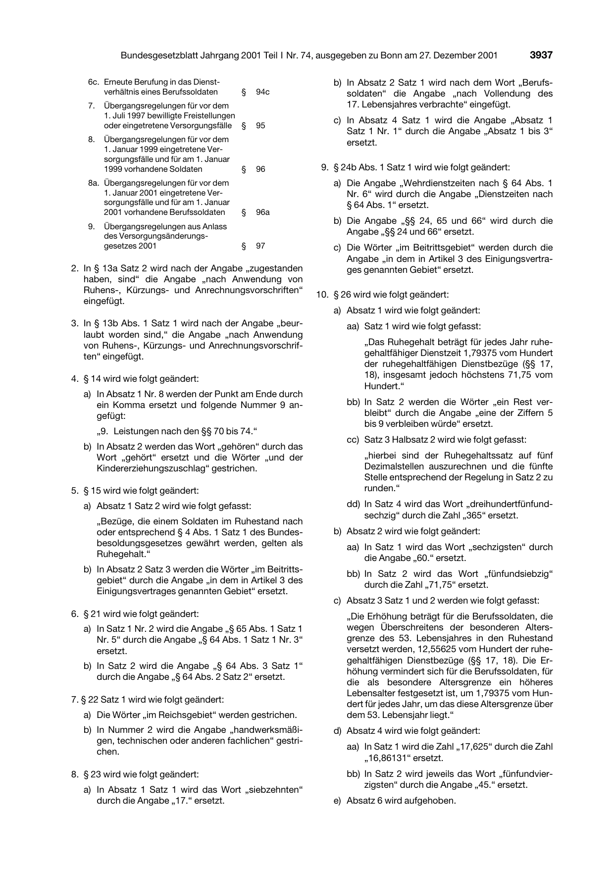 BGBl. 2001, Seite 3937 — Originalseite als Abbildung
