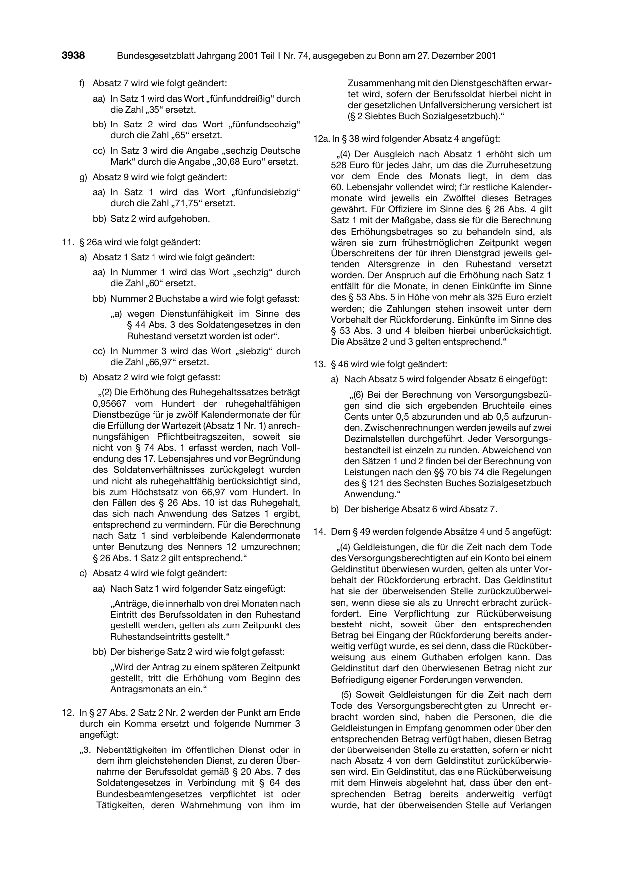 BGBl. 2001, Seite 3938 — Originalseite als Abbildung
