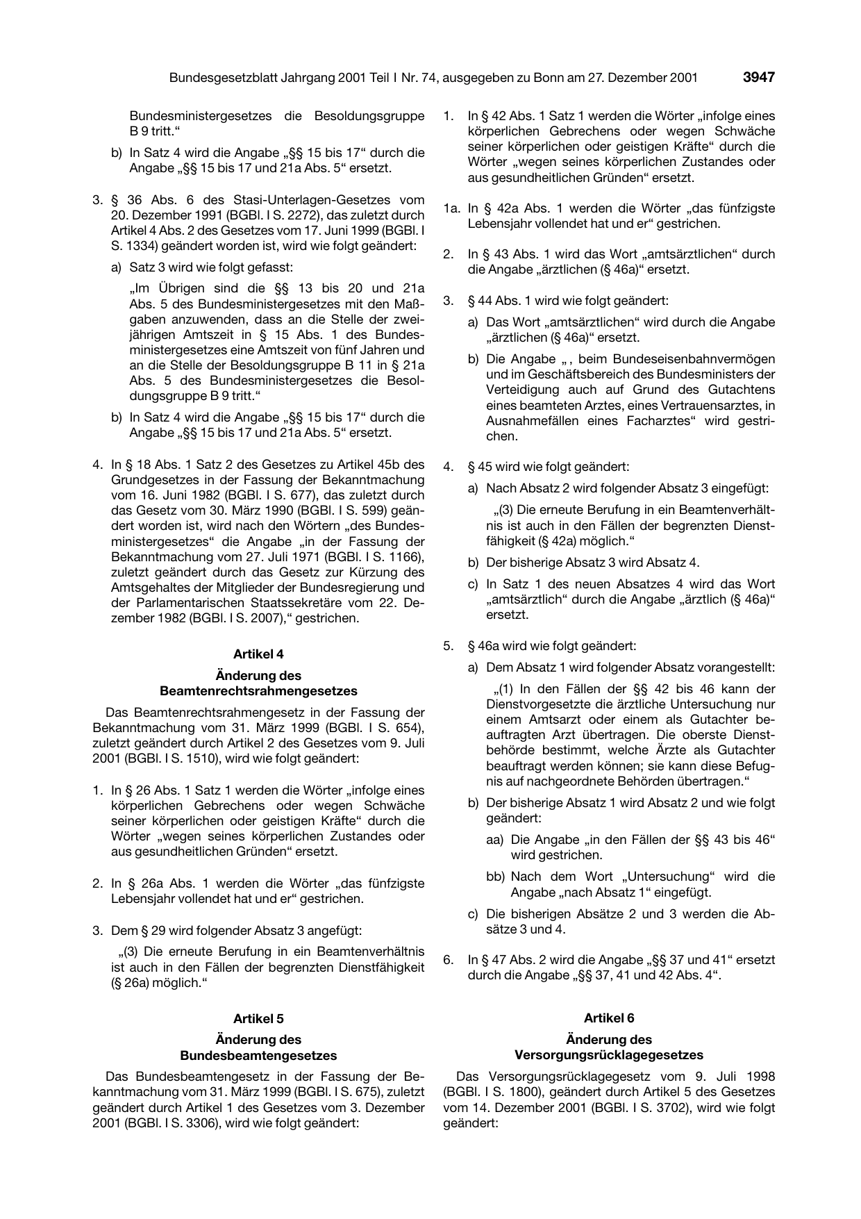 BGBl. 2001, Seite 3947 — Originalseite als Abbildung