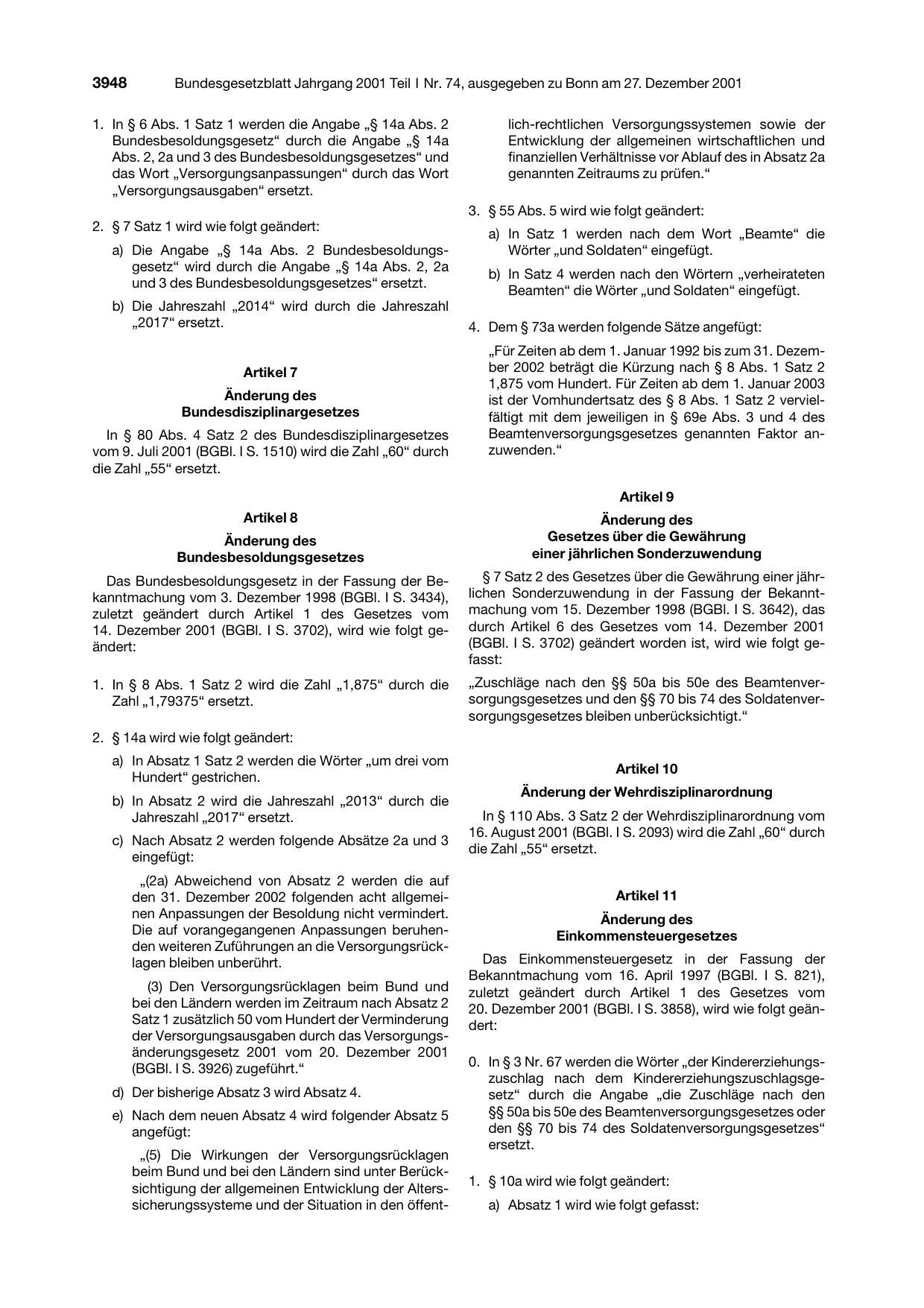 BGBl. 2001, Seite 3948 — Originalseite als Abbildung