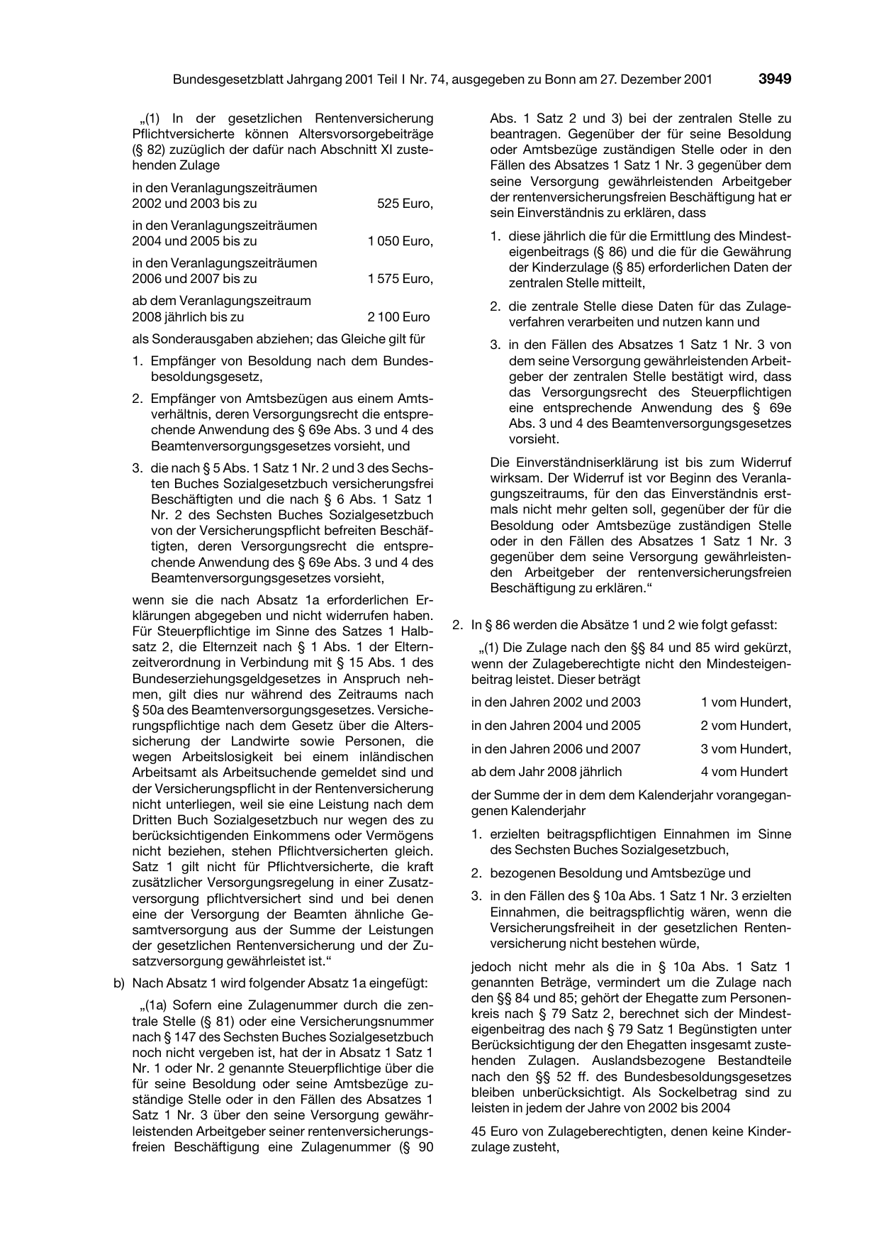 BGBl. 2001, Seite 3949 — Originalseite als Abbildung