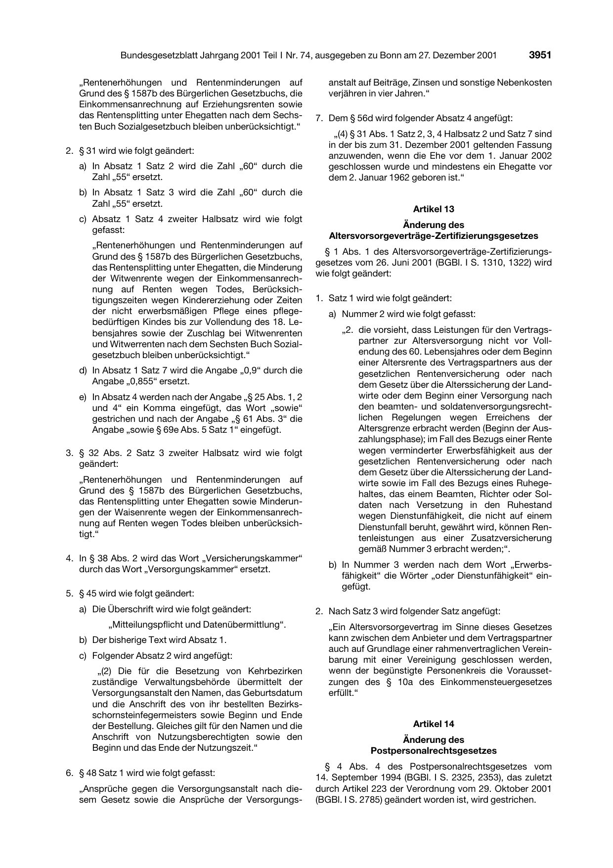 BGBl. 2001, Seite 3951 — Originalseite als Abbildung