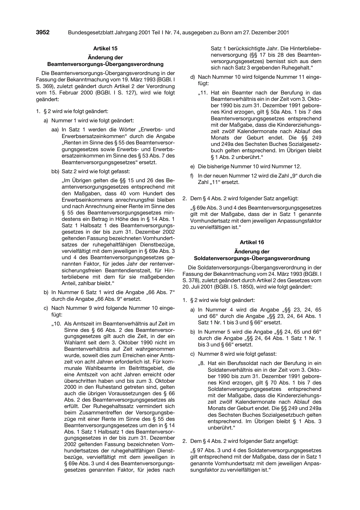 BGBl. 2001, Seite 3952 — Originalseite als Abbildung