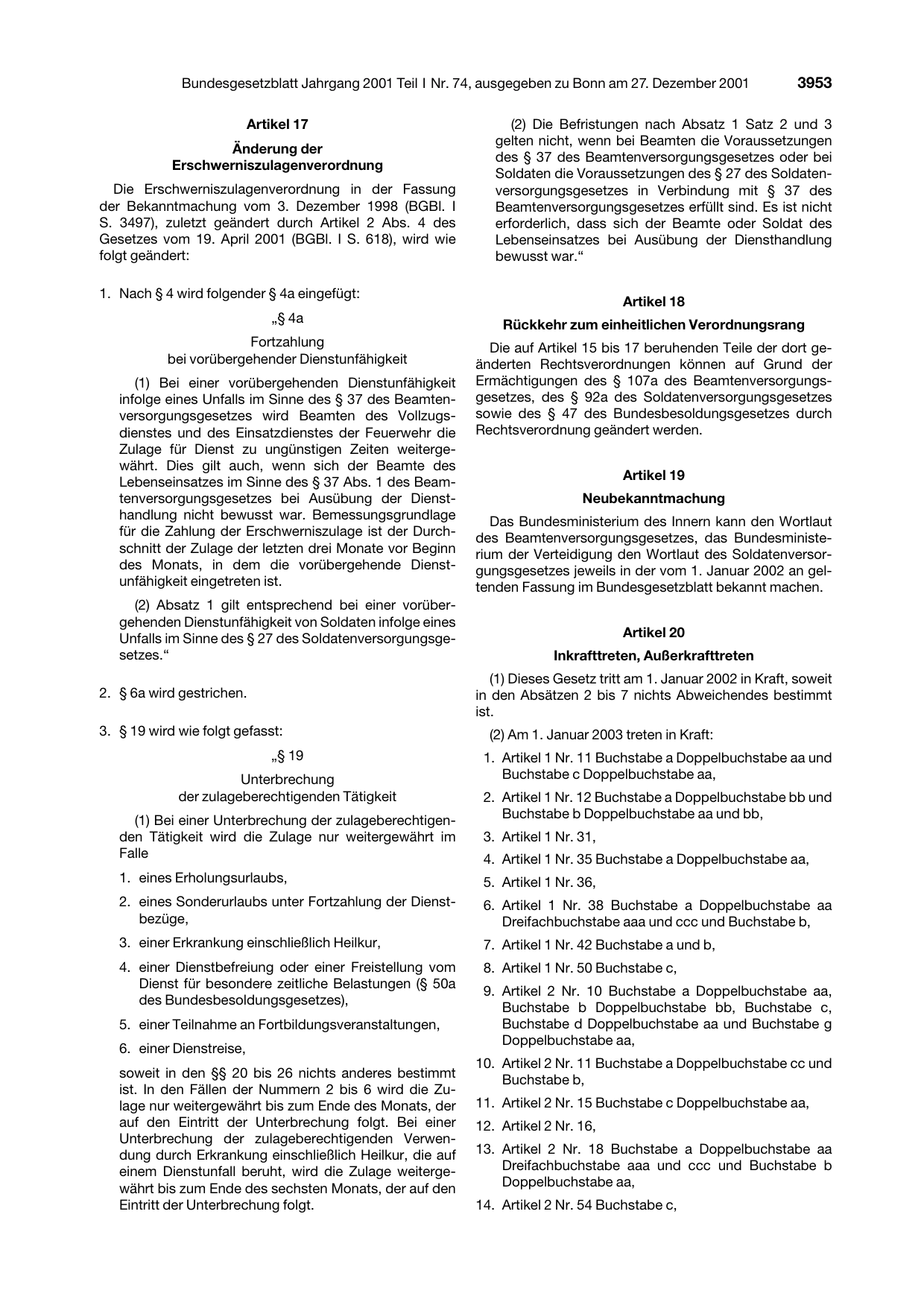BGBl. 2001, Seite 3953 — Originalseite als Abbildung