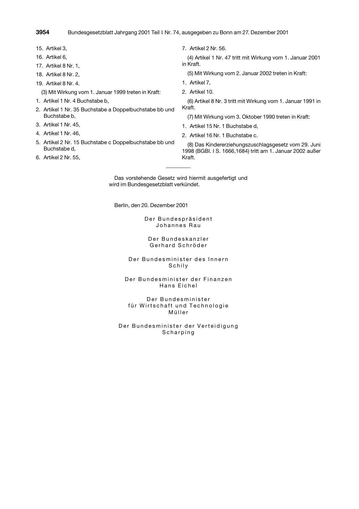 BGBl. 2001, Seite 3954 — Originalseite als Abbildung