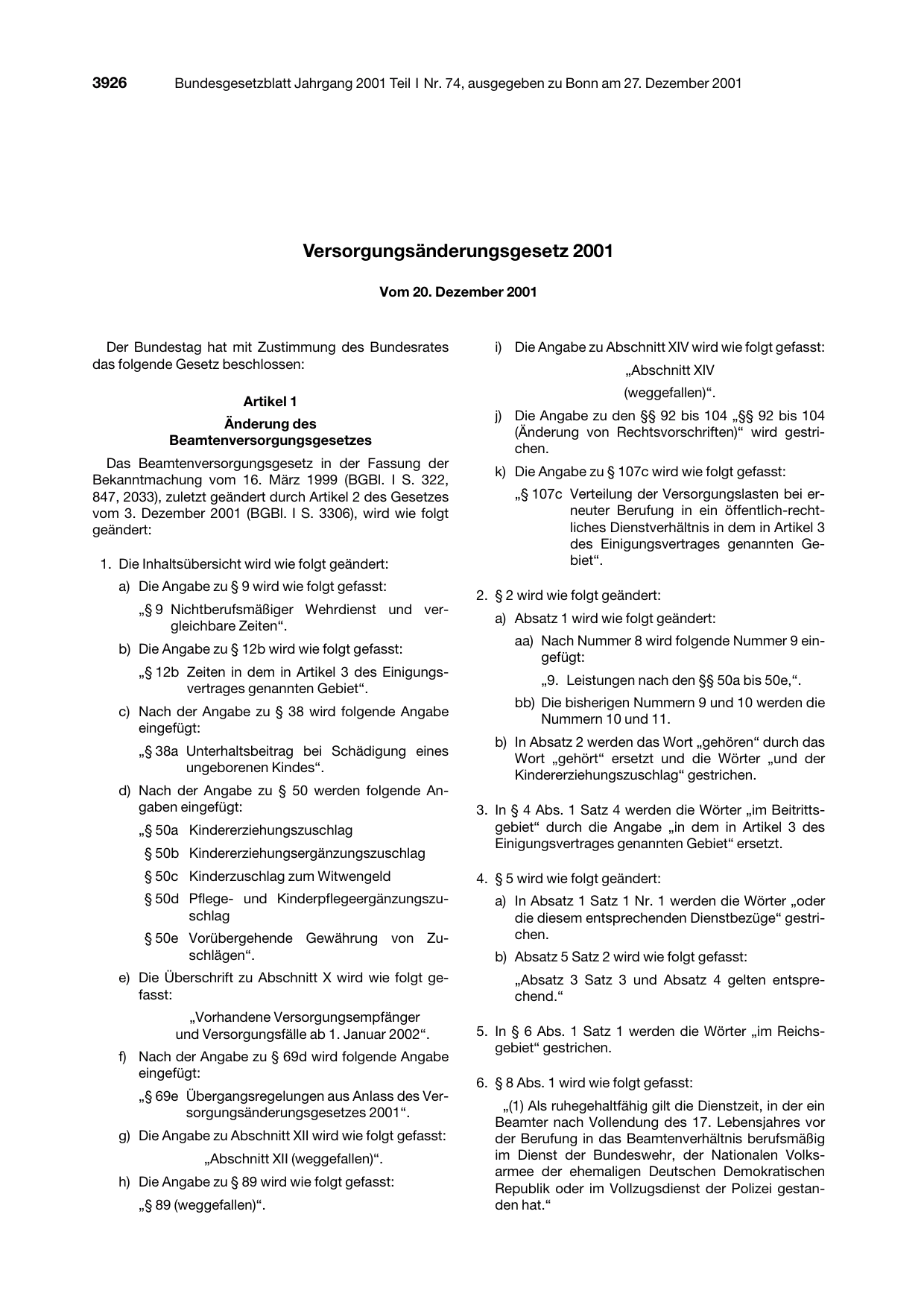 BGBl. 2001, Seite 3926 — Originalseite als Abbildung