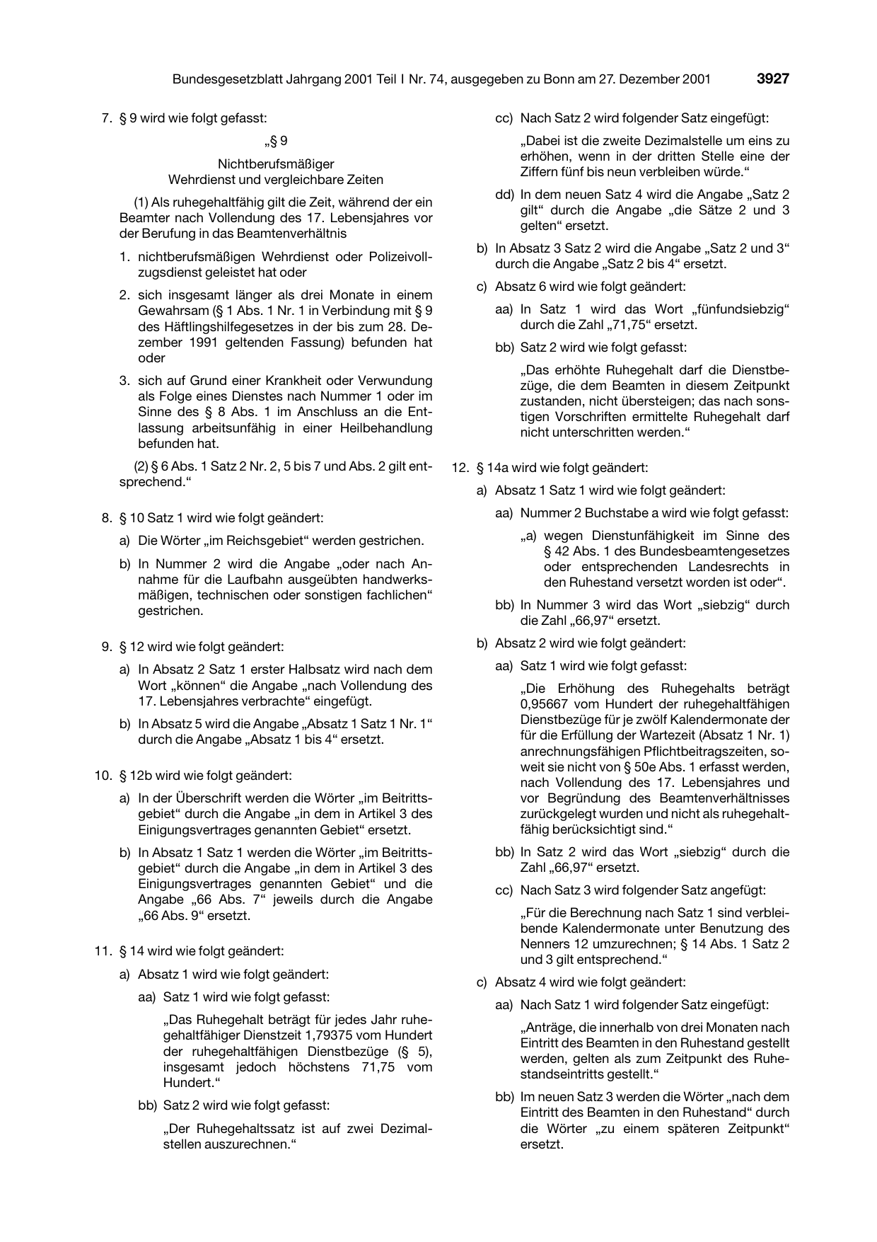 BGBl. 2001, Seite 3927 — Originalseite als Abbildung