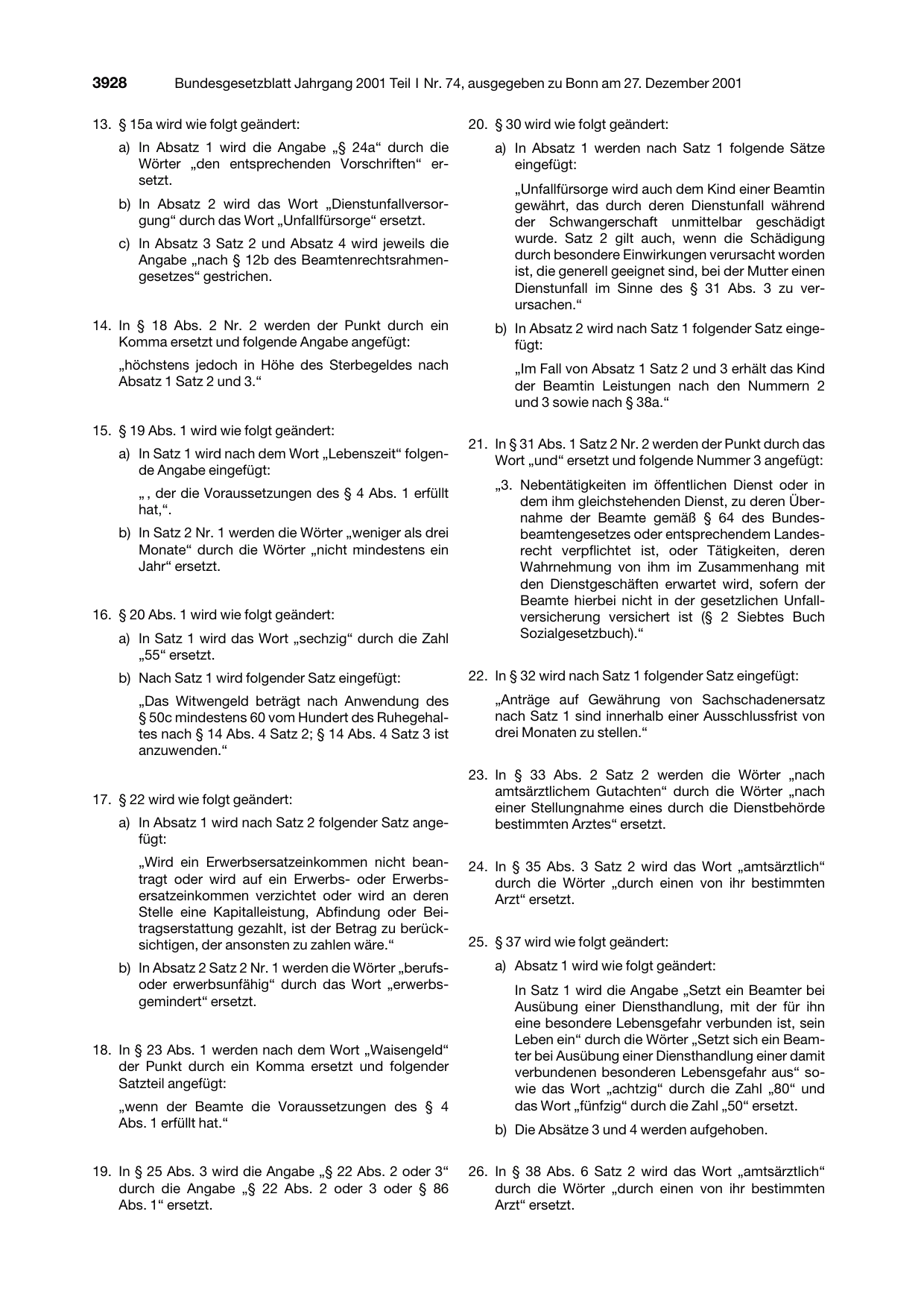 BGBl. 2001, Seite 3928 — Originalseite als Abbildung