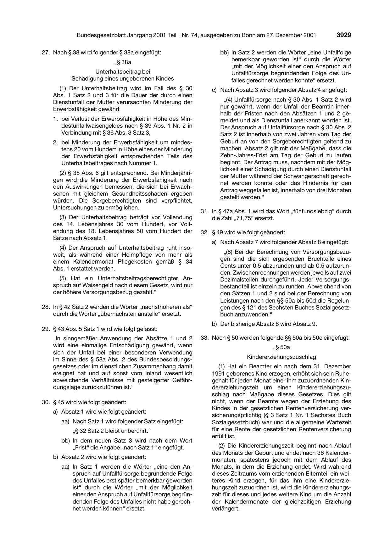 BGBl. 2001, Seite 3929 — Originalseite als Abbildung