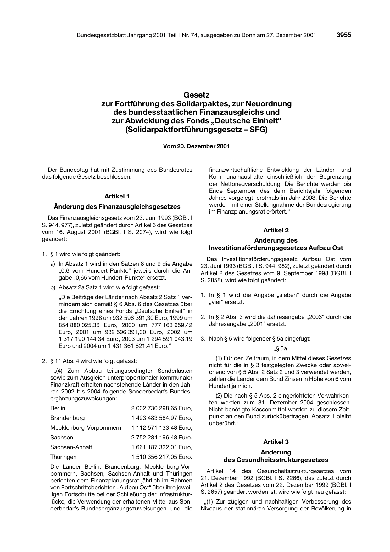 BGBl. 2001, Seite 3955 — Originalseite als Abbildung