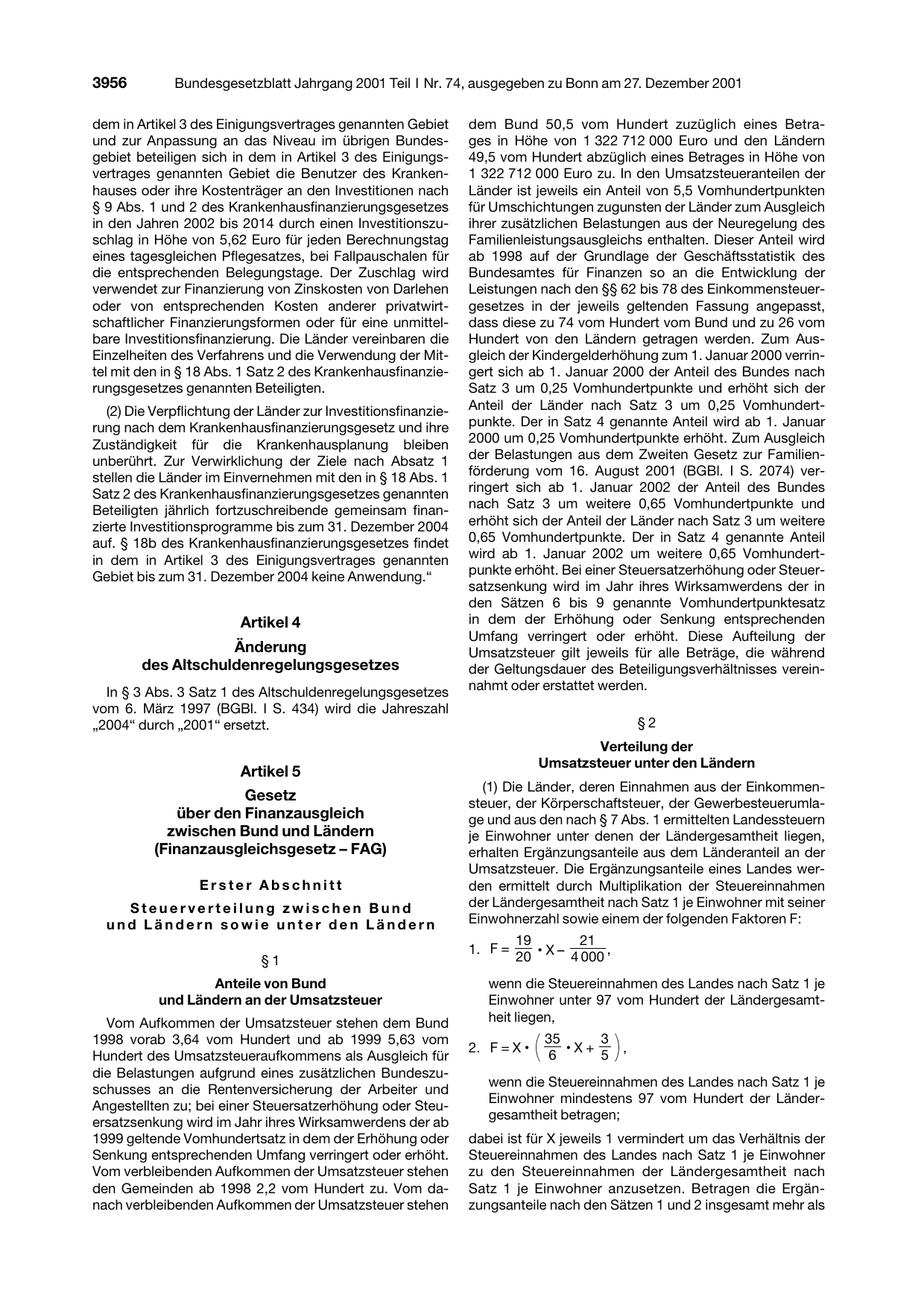 BGBl. 2001, Seite 3956 — Originalseite als Abbildung