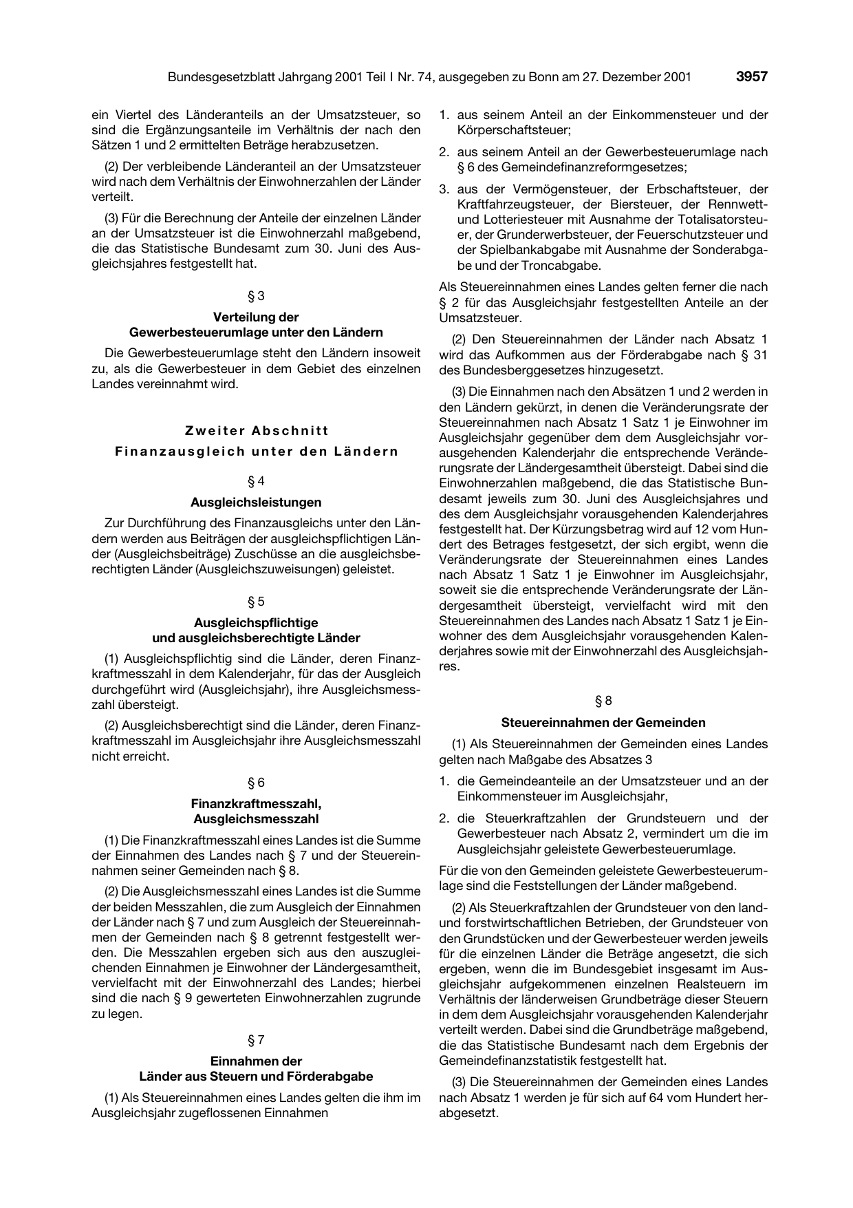 BGBl. 2001, Seite 3957 — Originalseite als Abbildung