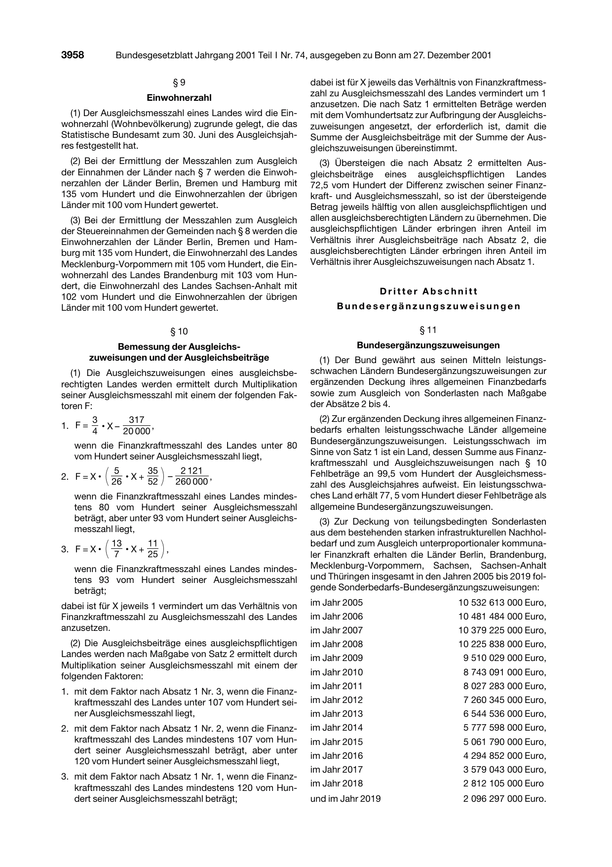BGBl. 2001, Seite 3958 — Originalseite als Abbildung