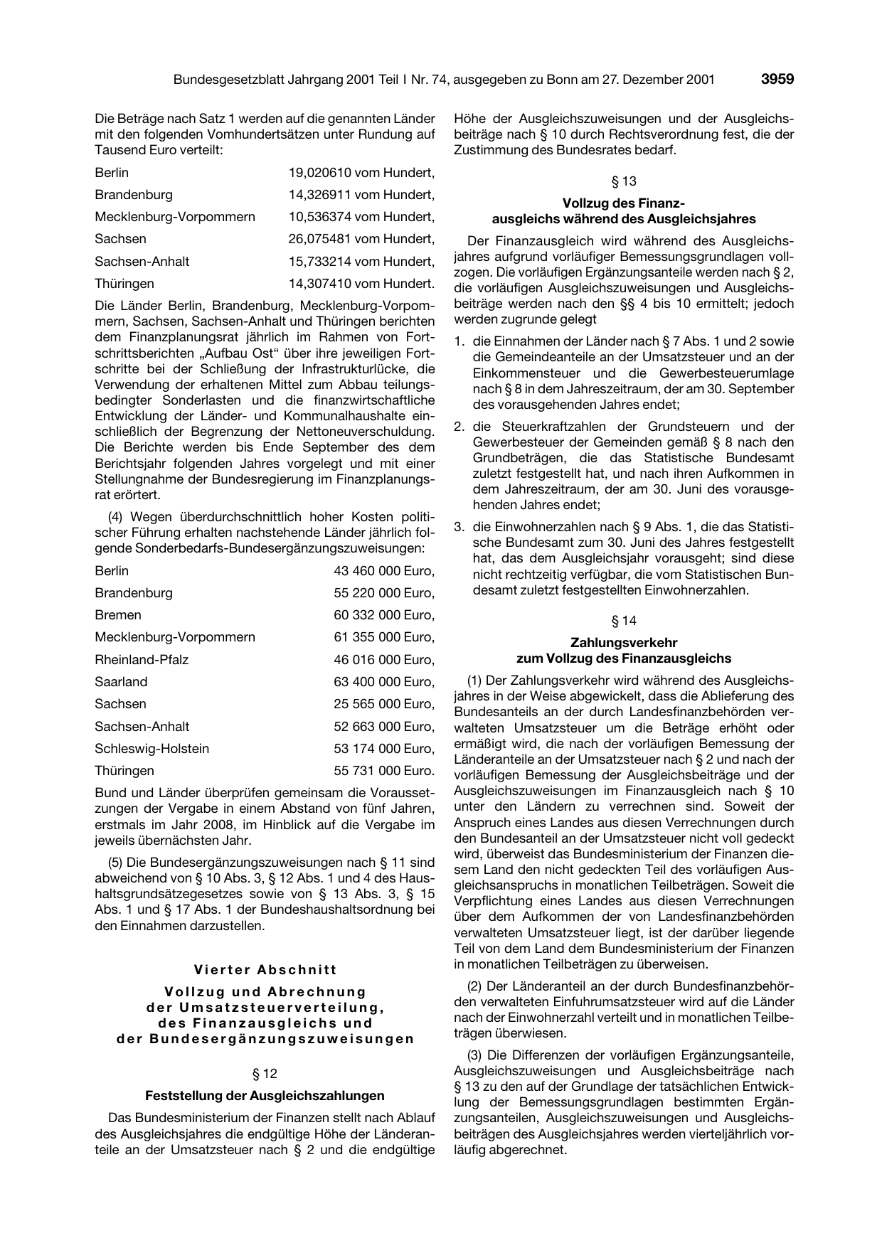 BGBl. 2001, Seite 3959 — Originalseite als Abbildung