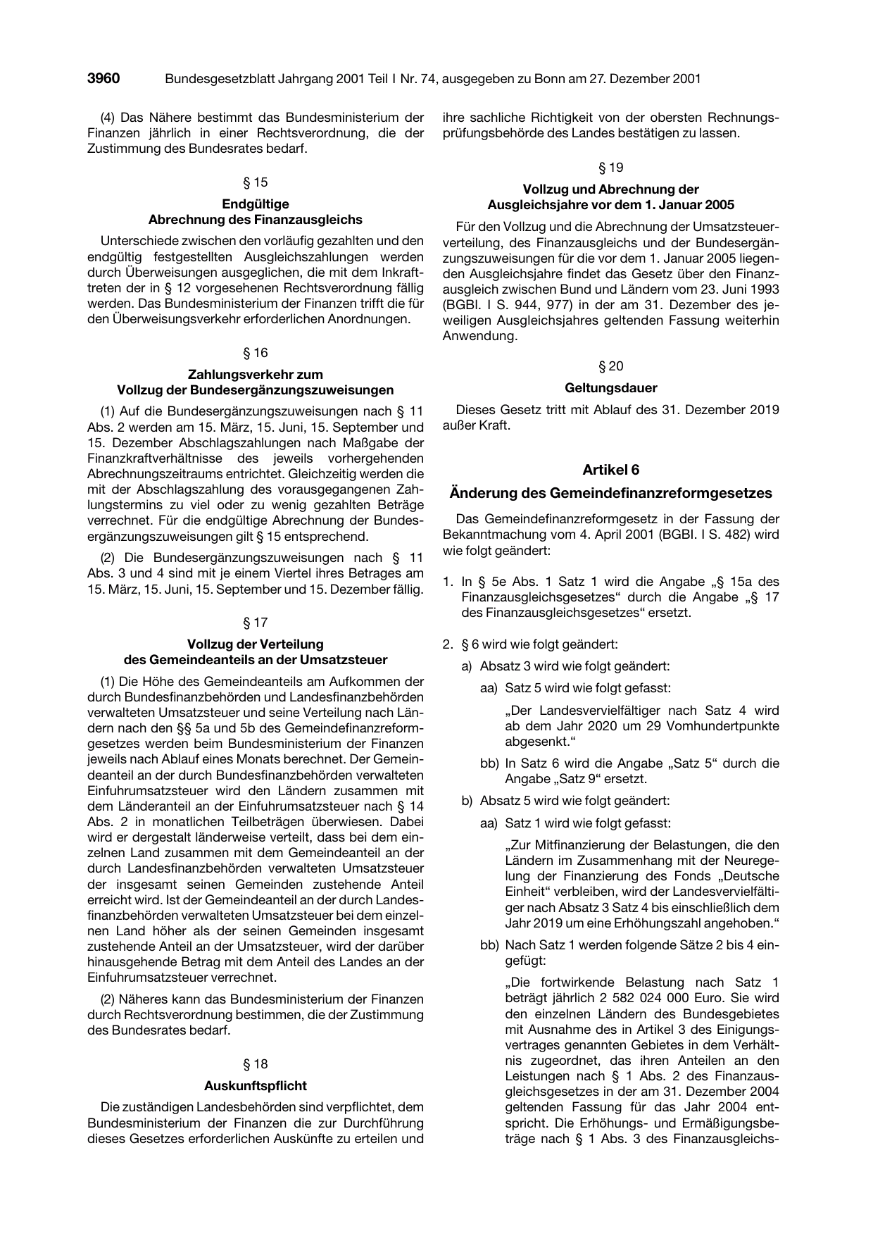 BGBl. 2001, Seite 3960 — Originalseite als Abbildung