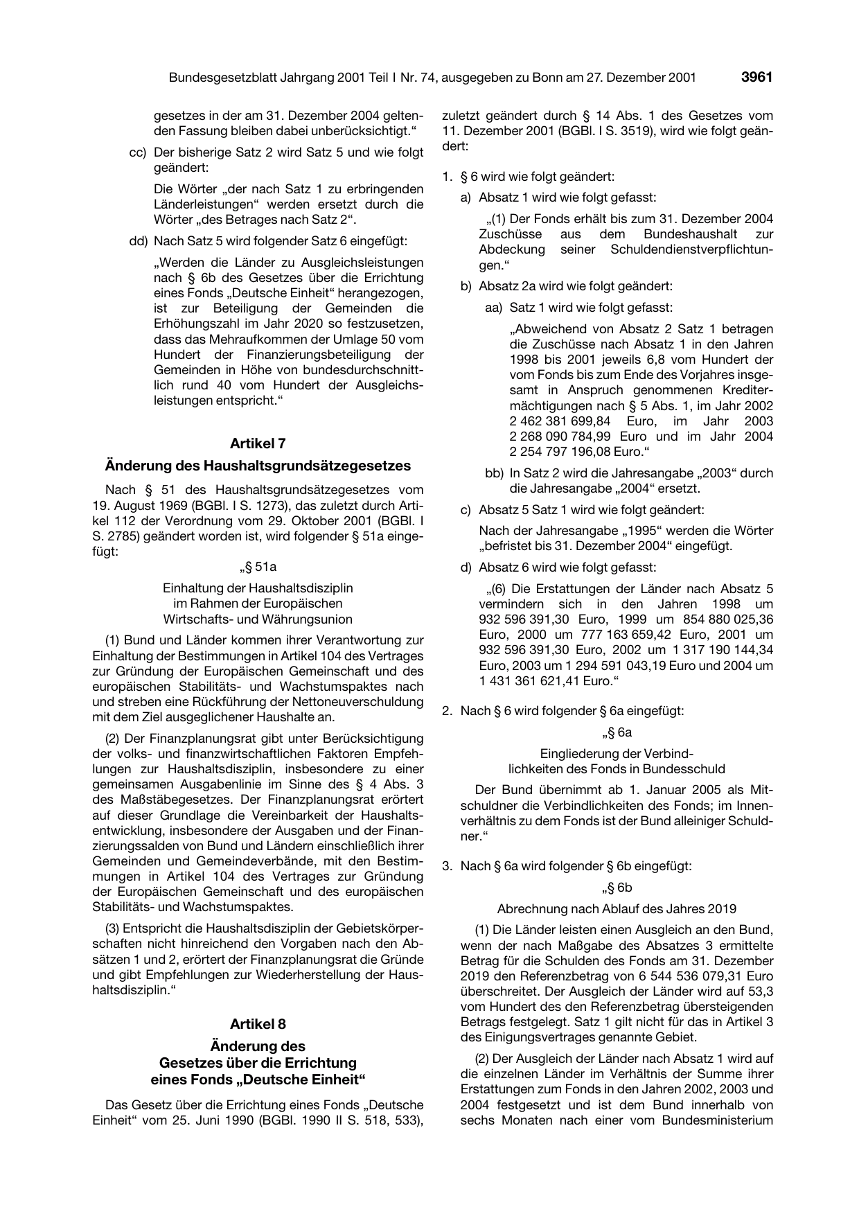 BGBl. 2001, Seite 3961 — Originalseite als Abbildung