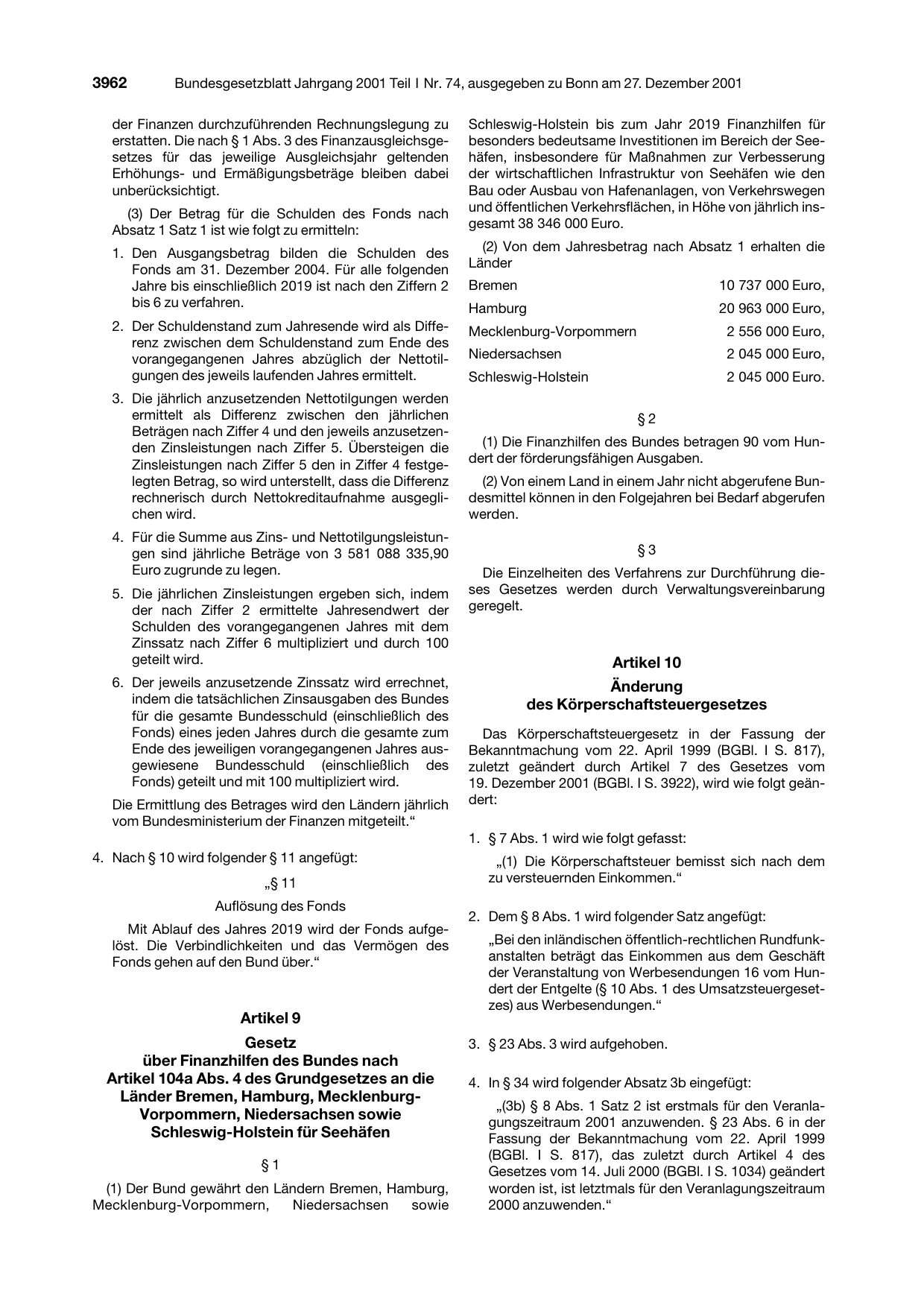 BGBl. 2001, Seite 3962 — Originalseite als Abbildung