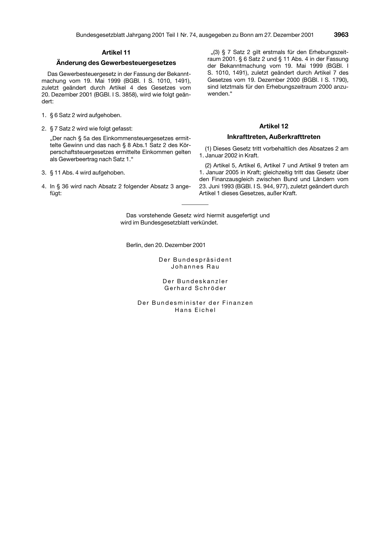 BGBl. 2001, Seite 3963 — Originalseite als Abbildung