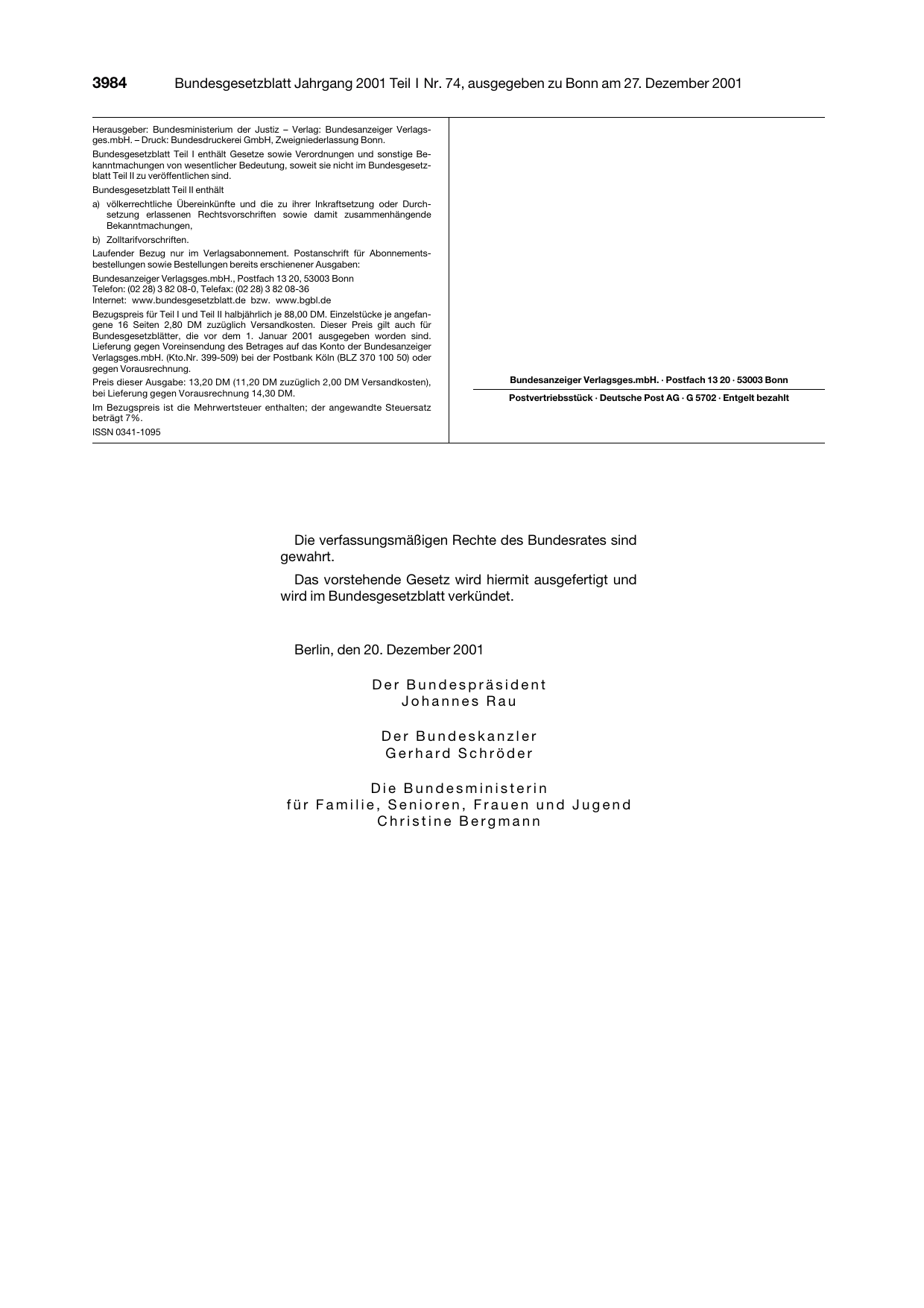 BGBl. 2001, Seite 3984 — Originalseite als Abbildung