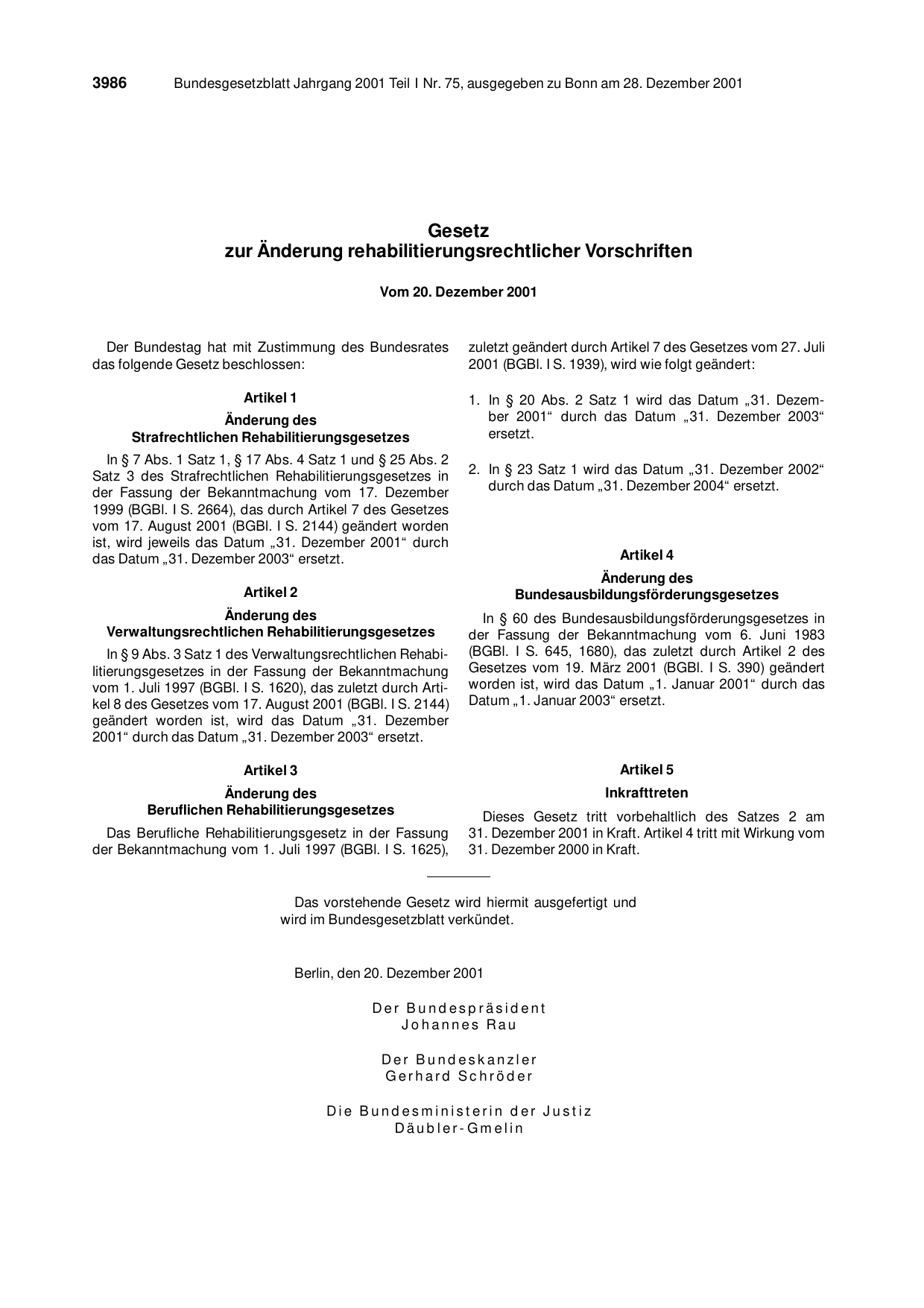 BGBl. 2001, Seite 3986 — Originalseite als Abbildung