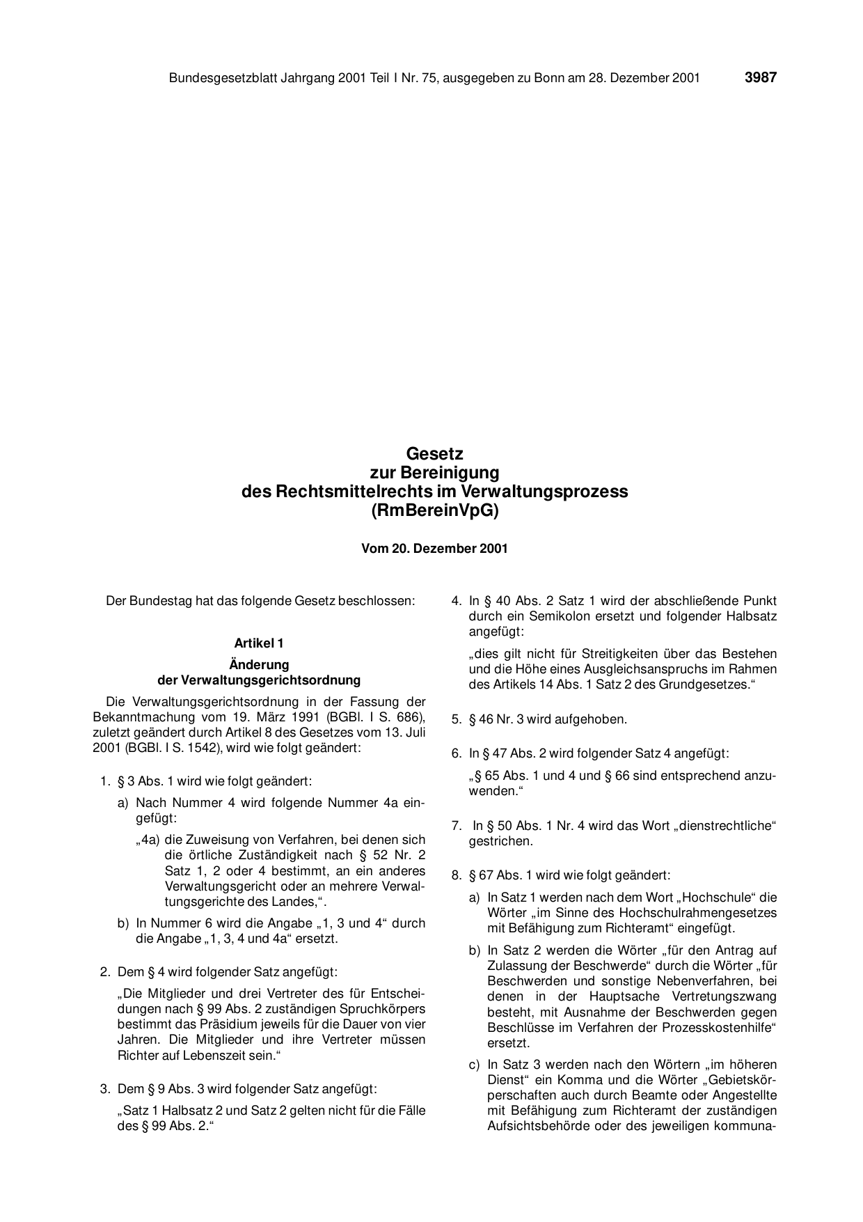 BGBl. 2001, Seite 3987 — Originalseite als Abbildung