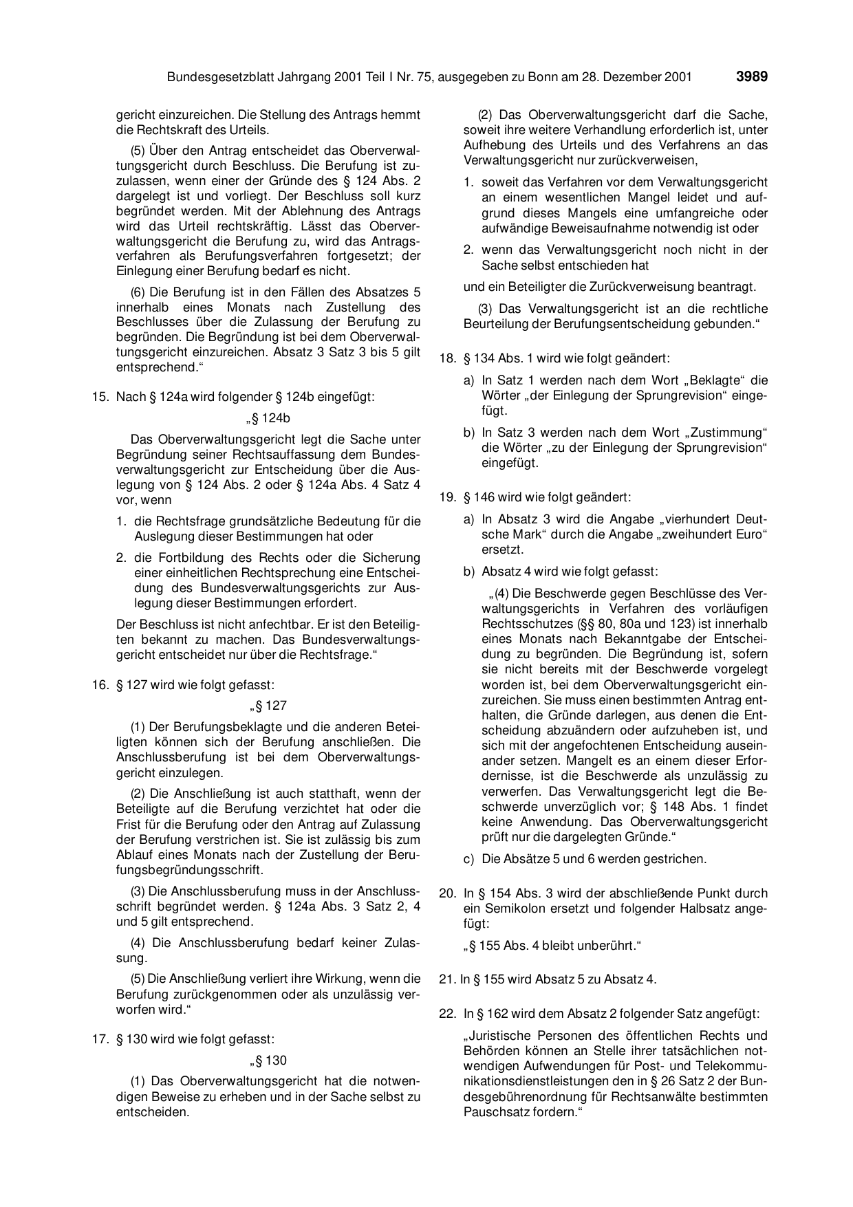BGBl. 2001, Seite 3989 — Originalseite als Abbildung