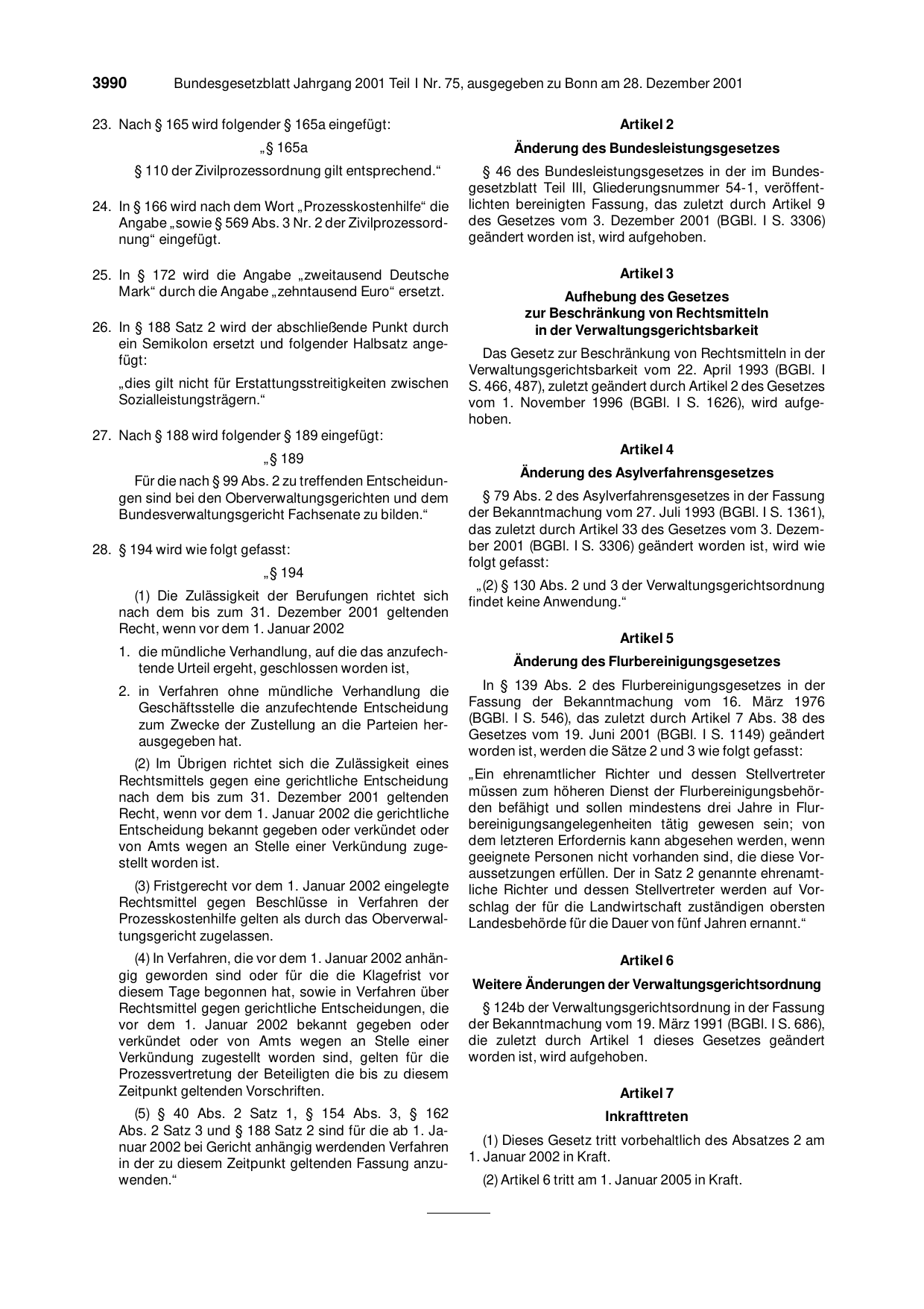 BGBl. 2001, Seite 3990 — Originalseite als Abbildung