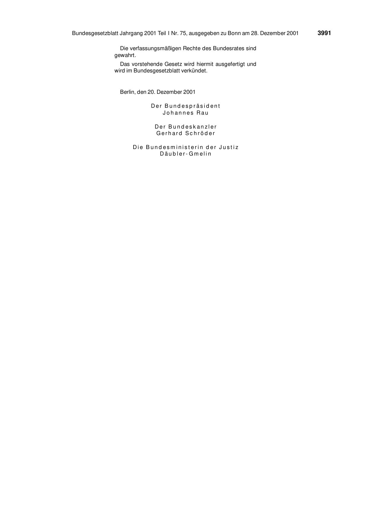 BGBl. 2001, Seite 3991 — Originalseite als Abbildung
