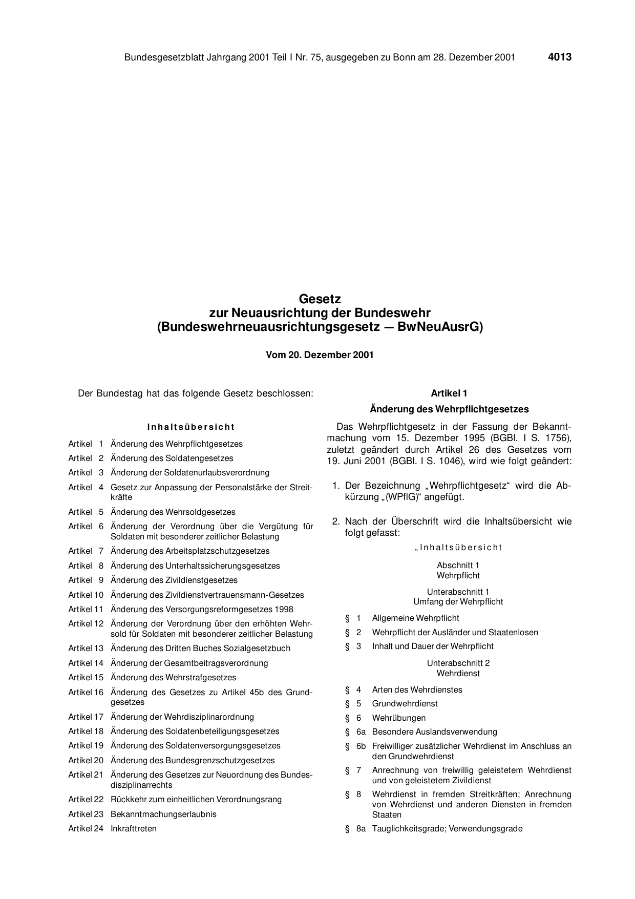 BGBl. 2001, Seite 4013 — Originalseite als Abbildung