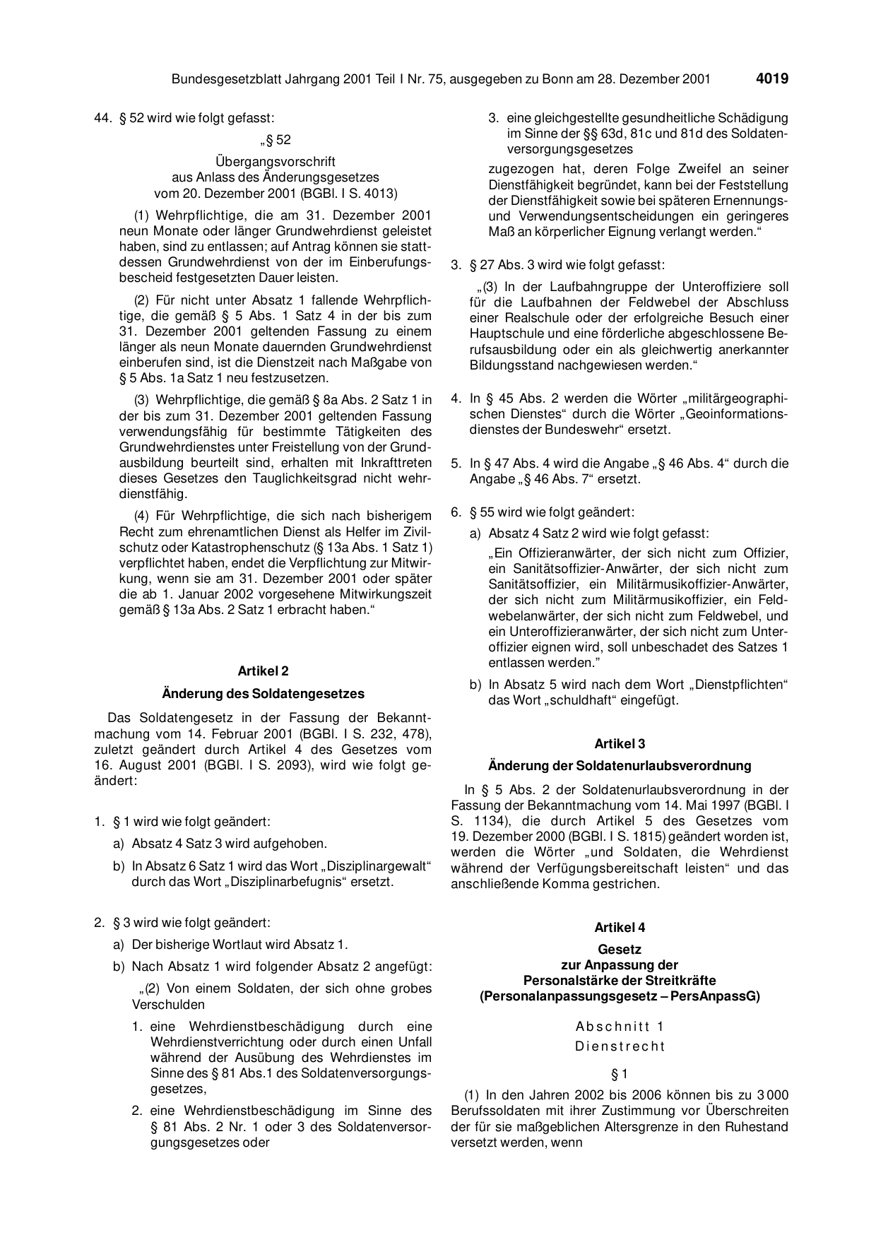BGBl. 2001, Seite 4019 — Originalseite als Abbildung