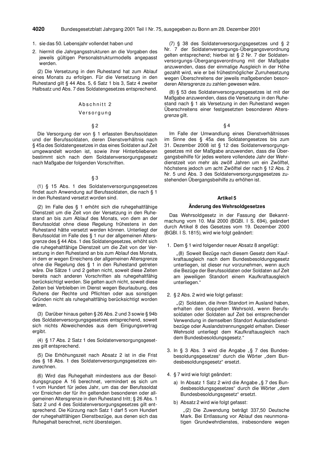 BGBl. 2001, Seite 4020 — Originalseite als Abbildung