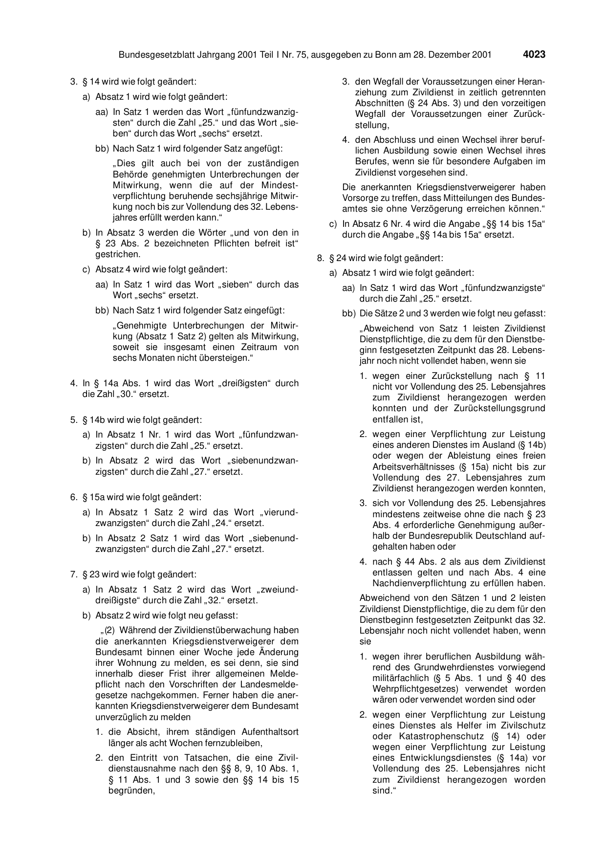BGBl. 2001, Seite 4023 — Originalseite als Abbildung