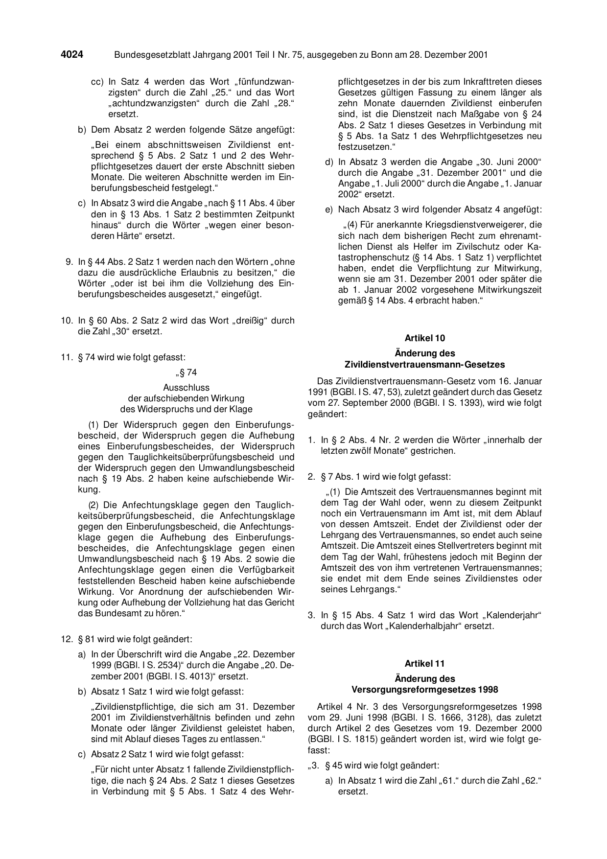BGBl. 2001, Seite 4024 — Originalseite als Abbildung
