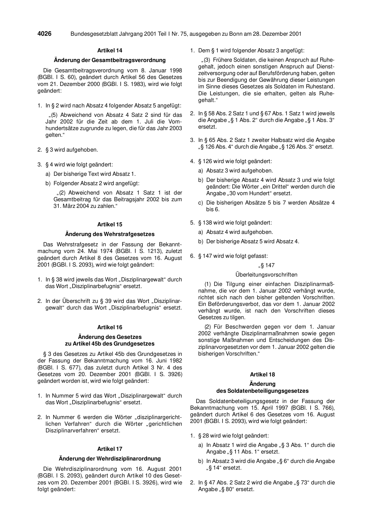 BGBl. 2001, Seite 4026 — Originalseite als Abbildung